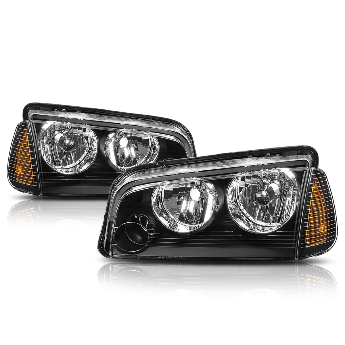 PM PERFORMOTOR 2Pcs Black Housing/Amber Corner Replacement Headlights Assembly Compatible with 2006-2010 Dodge Charger - Upgrade Your Car Lighting for Night Driving & Enhanced Style