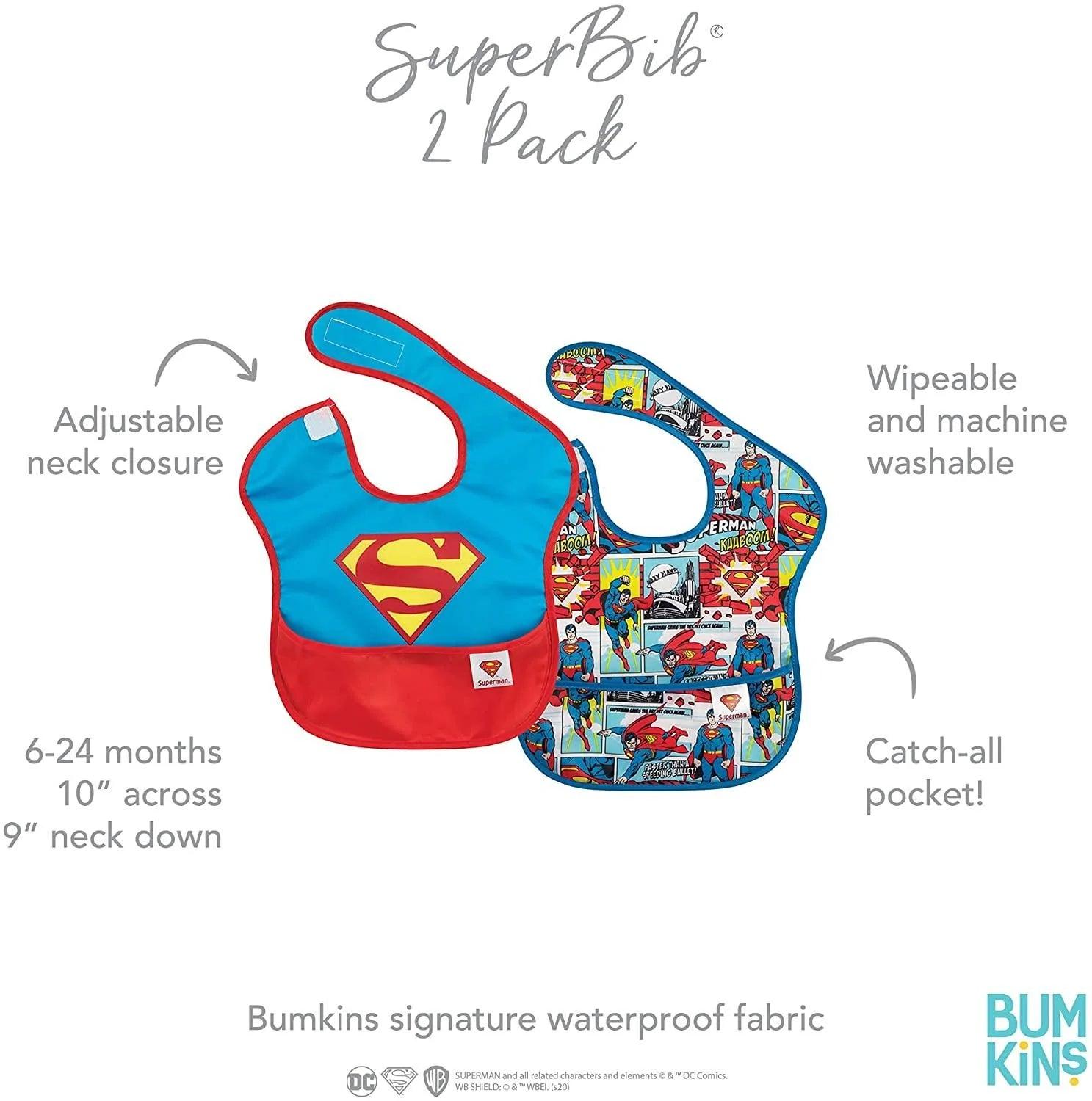 Bumkins Superman Super Bib 2 Pack - Waterproof Baby Feeding Bibs for Toddlers & Infants - Soft & Adjustable for Mess-Free Mealtime - Perfect for Home, Daycare & Travel
