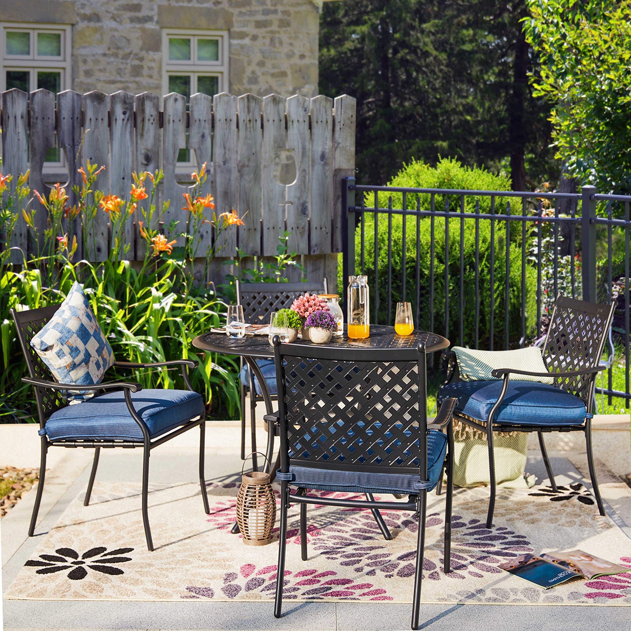 Romayard 5-Piece Outdoor Patio Dining Set with Cushioned Stackable Chairs - Blue Garden Conversation Furniture for Backyard, Deck, Poolside & Balcony