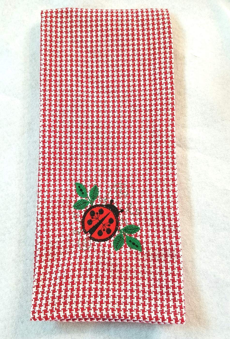 Embroidered Ladybug Red Hounds Tooth Kitchen Towel - Absorbent Cotton Dish Cloth for Cooking, Baking & Home Decor - Cute Kitchen Accessories for Gifts & Housewarming
