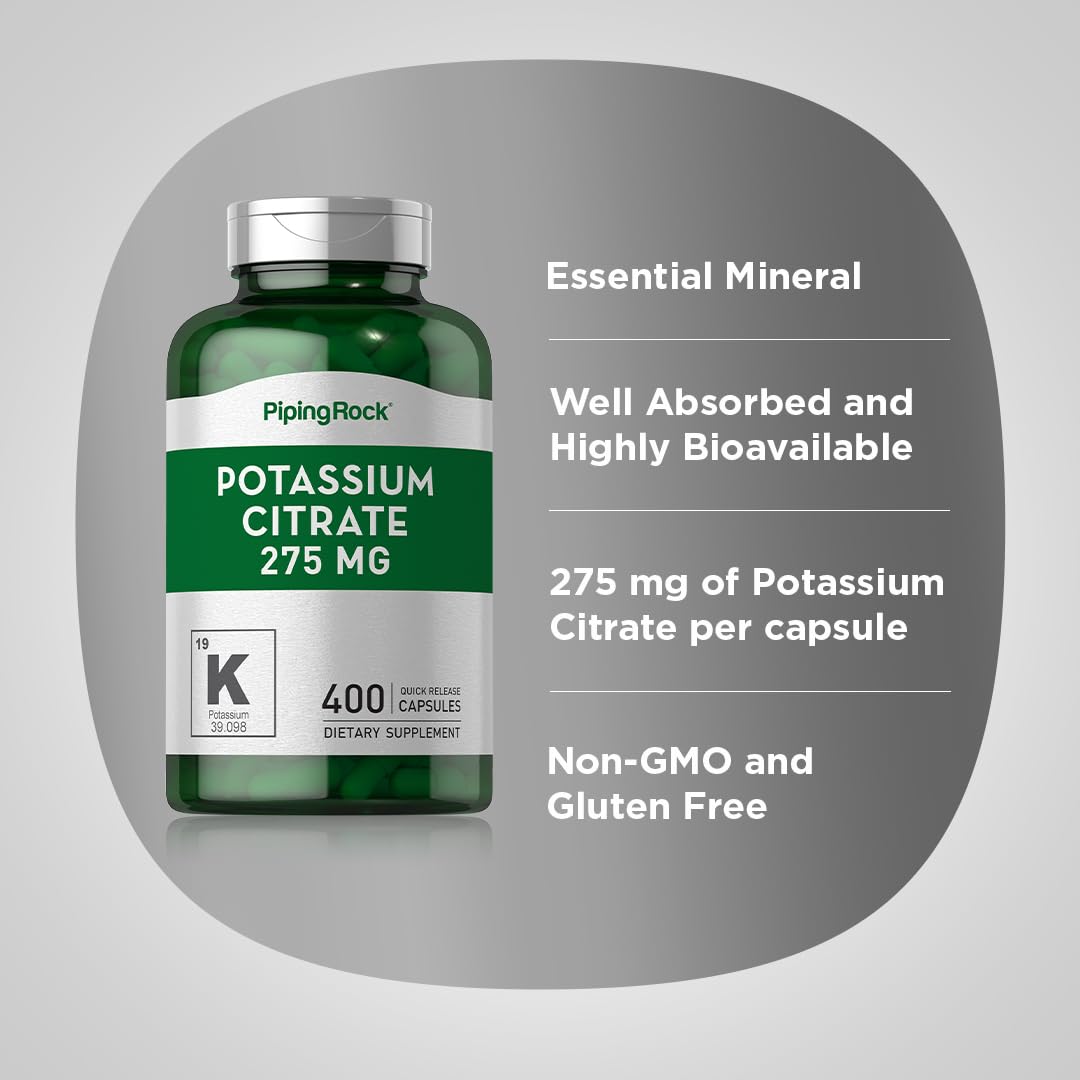 Piping Rock Potassium Citrate Supplement 275mg | 400 Capsules | Non-GMO, Gluten Free | Supports Heart & Muscle Function | Ideal for Athletes & Active Lifestyles