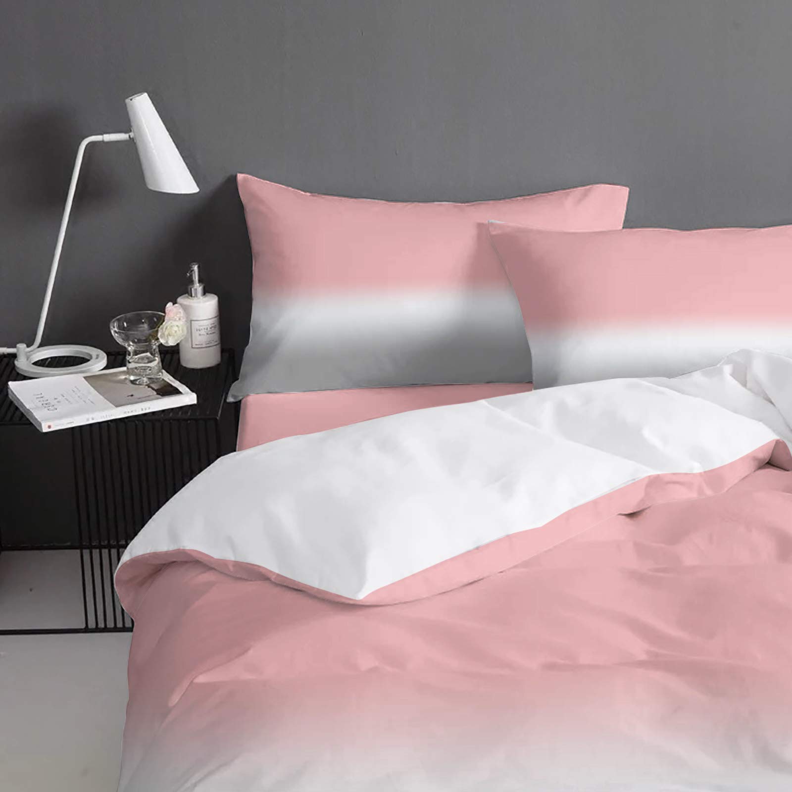 Cal King Duvet Cover Set 4-Piece - Pink Grey Ombre Abstract Art, Lightweight Microfiber Soft Bedding for Adults & Teens | Gradient Gray Painting Design for Modern Bedroom Decor