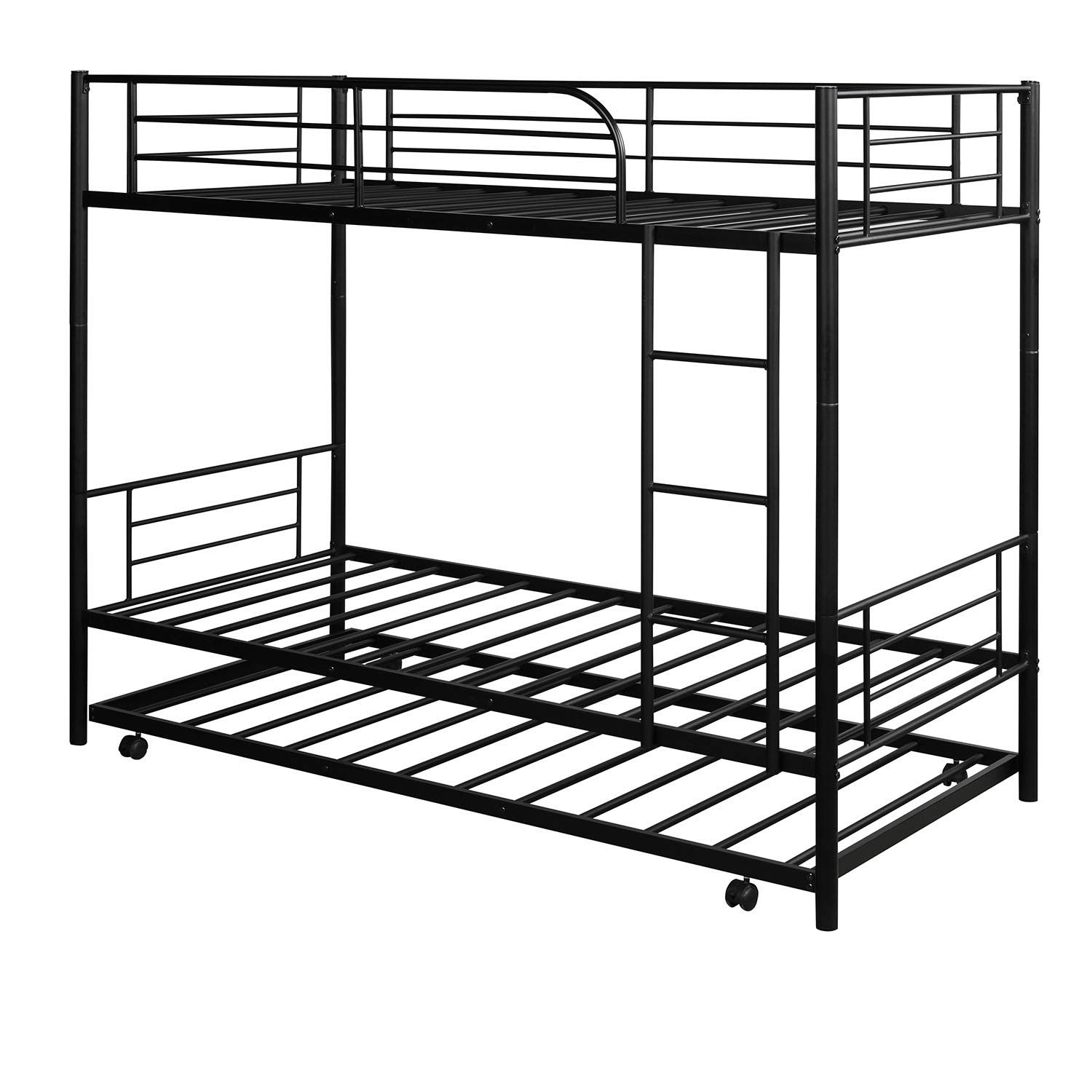 KLMM Twin Over Twin Metal Bunk Bed with Trundle - Heavy Duty Steel Frame, Convertible to 2 Separate Beds, Guardrails & Ladder Included - No Box Spring Required (Black) | Perfect for Kids' Bedrooms, Guest Rooms & Small Spaces