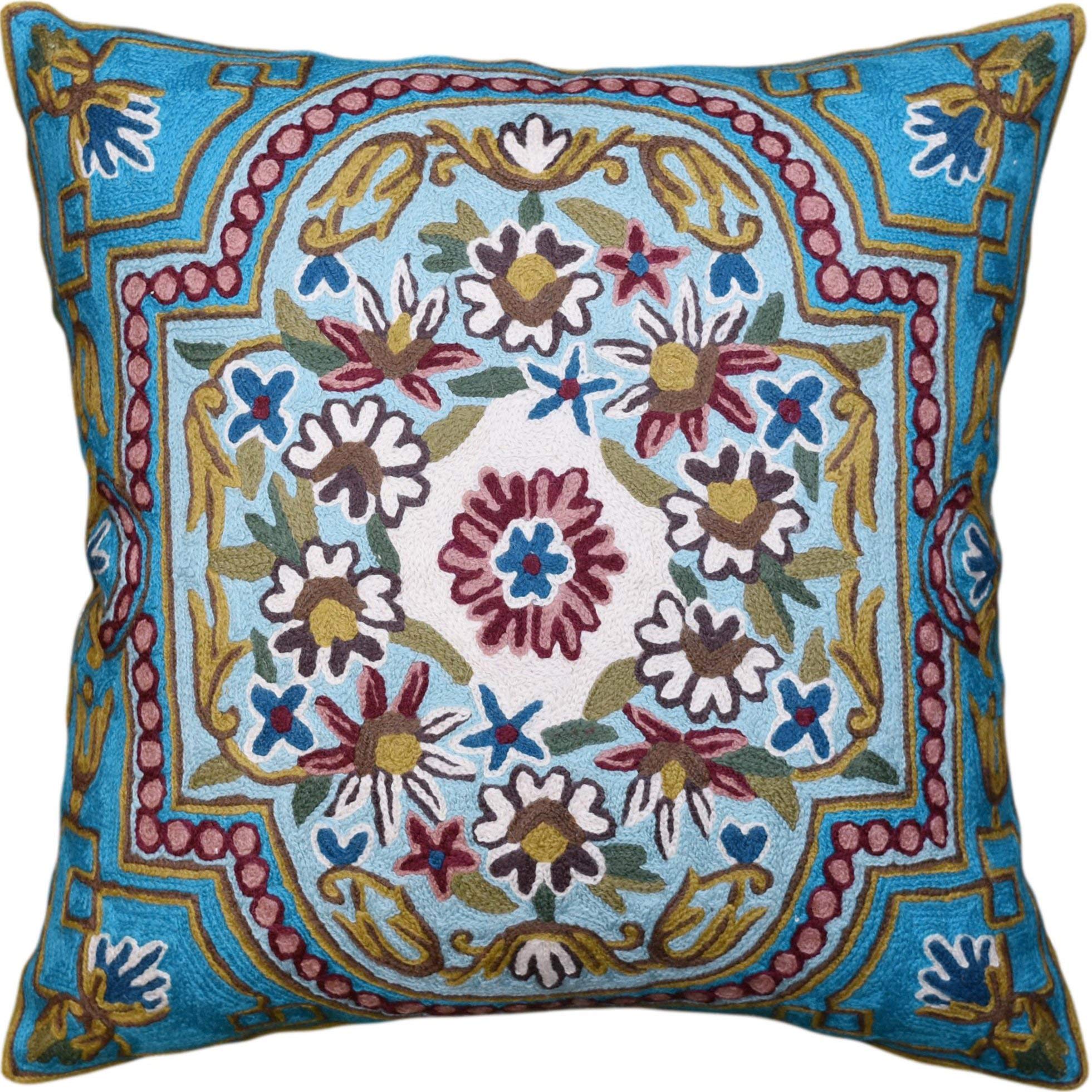 Turquoise Floral Pillow Cover - 18x18 Inch Blue Suzani Embroidered Cushion | Farmhouse Decor, Bohemian Throw Pillow for Sofa, Bed & Outdoor Patio Furniture