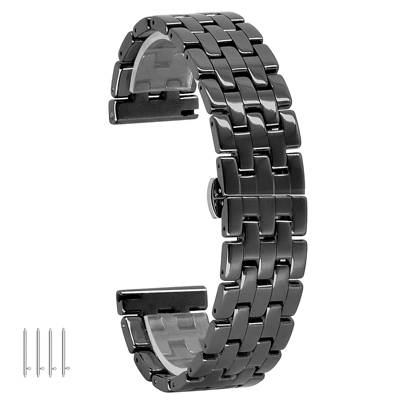 20mm 22mm Ceramic Watch Band Strap for Men & Women - Quick Release Bracelet with Stainless Steel Butterfly Buckle, Tapered Removable Links in Black & White - Perfect for Dress Watches, Business & Casual Wear