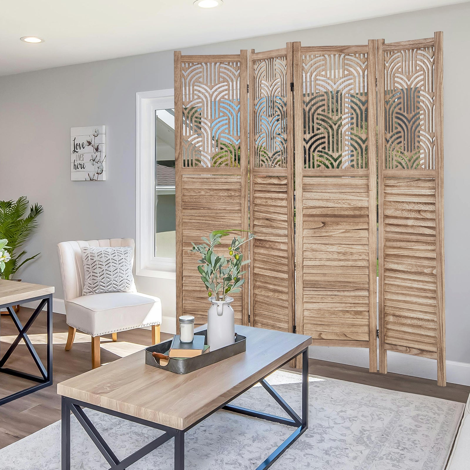 GARVEE 4 Panel Wooden Room Divider - 6 Ft Tall Freestanding Privacy Screen with Decorative Cutouts, Foldable Partition for Bedroom, Living Room & Office - Natural Finish | Perfect for Home Decor, Space Division & Room Privacy
