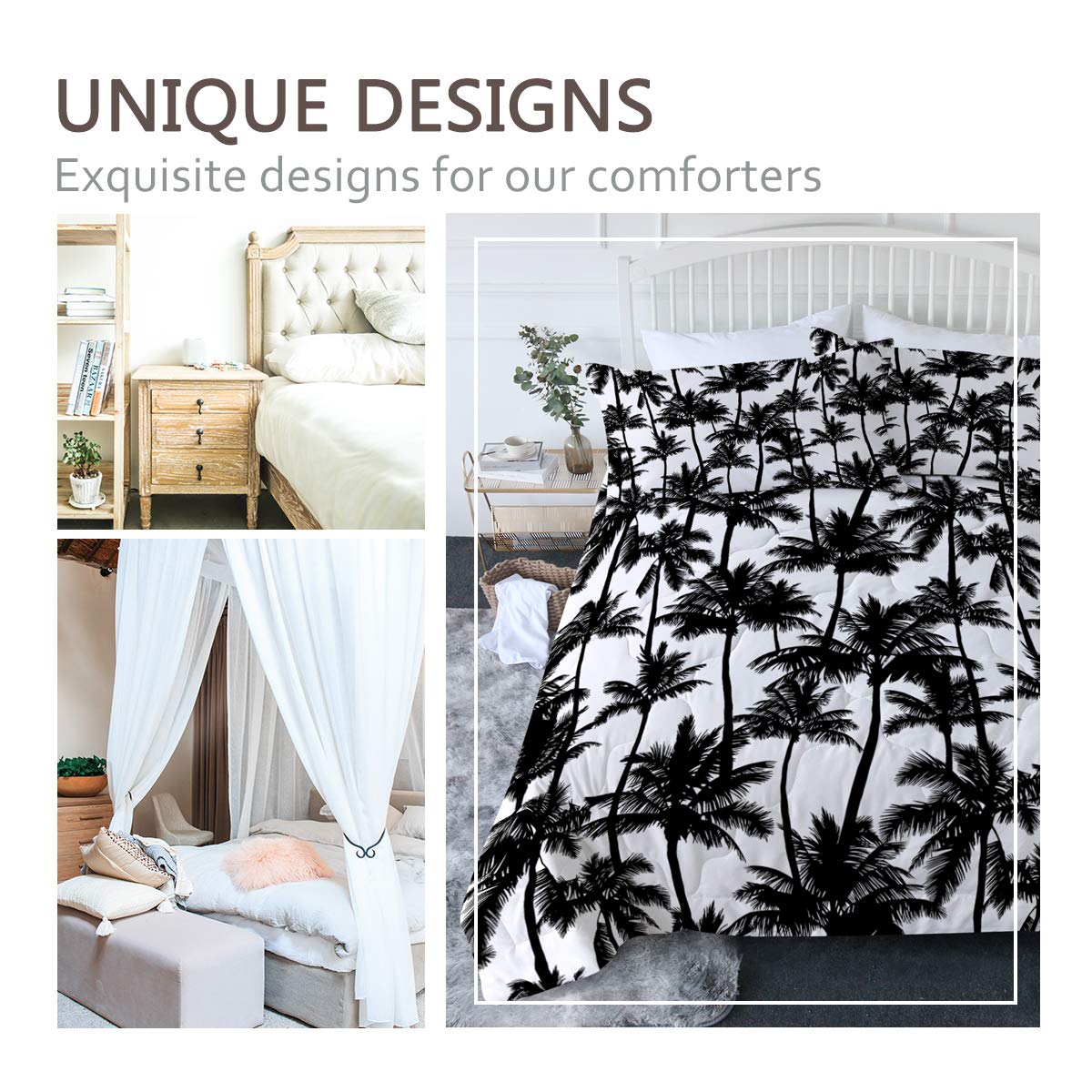 BlessLiving 3D Printed Tropical Palm Trees Comforter Set - King Size Black & White Bedding with 2 Pillow Shams | Beach Theme Bedroom Decor for Summer & Vacation Homes
