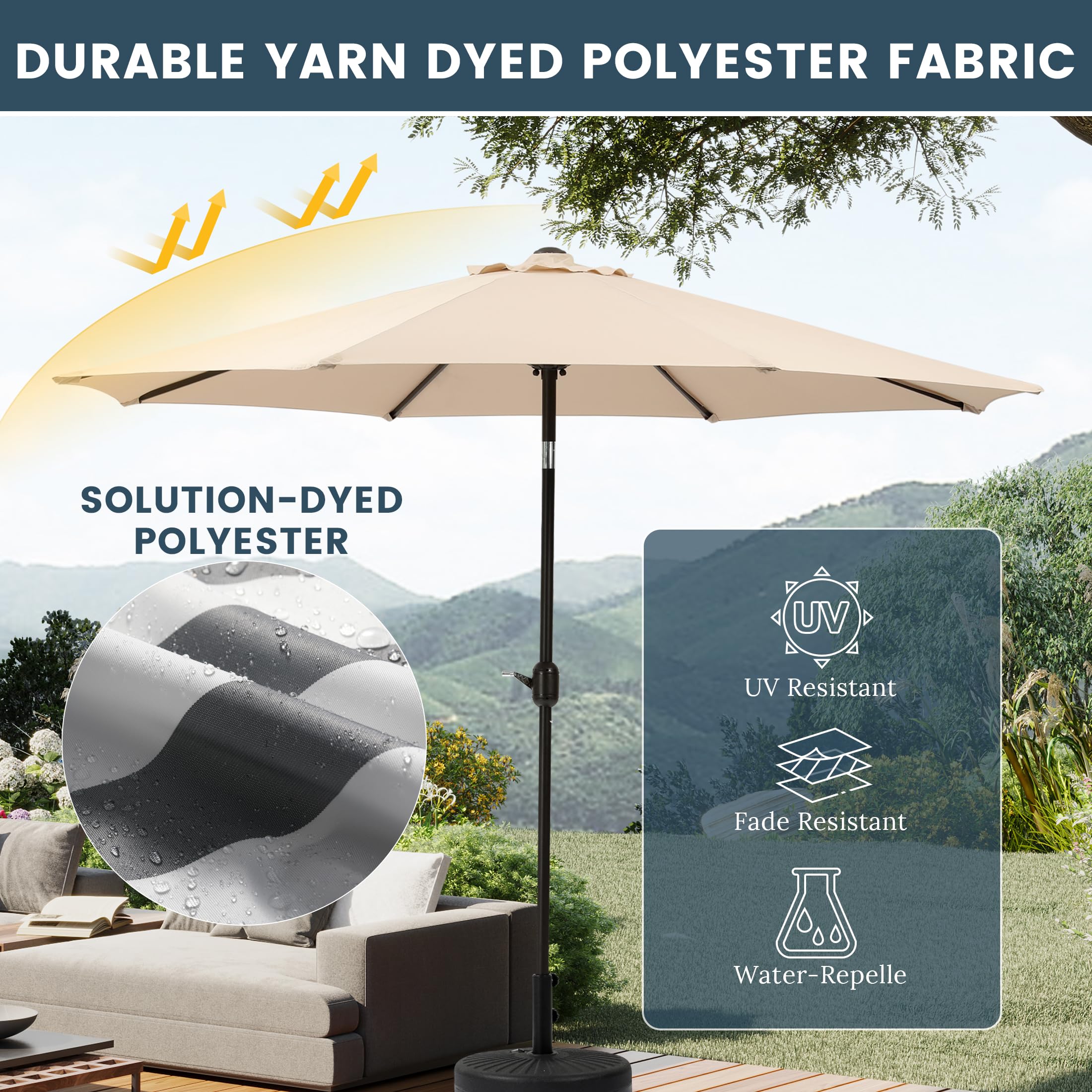 WO Home Furniture 9ft Round Patio Umbrella - Outdoor Market Table Sun Shade for Garden, Poolside & Backyard Relaxation