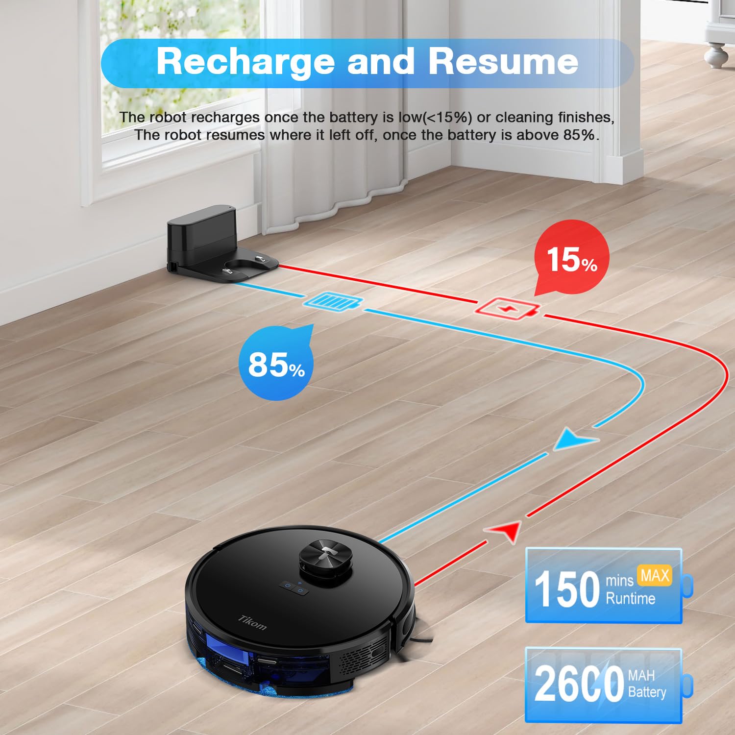 Tikom L9000 Robot Vacuum and Mop Combo with LiDAR Navigation - 4000Pa Strong Suction, 150Min Runtime, Smart Mapping, 14 No-Go Zones - Ideal for Pet Hair, Carpets & Hard Floors (Dark Black) | Perfect for Large Homes, Multi-Surface Cleaning & Busy Families