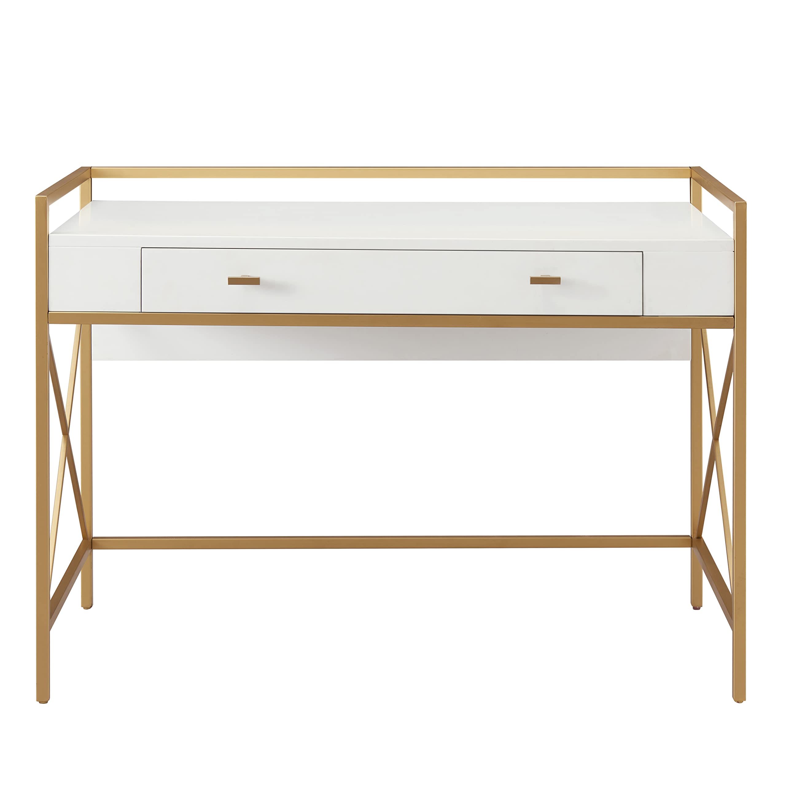 Leick Home 9240-WTGL Claudette Modern Mixed Metal & Wood Computer Desk with Drop-Front Keyboard Tray - White & Satin Gold Finish | Perfect for Home Office, Study Room & Small Spaces