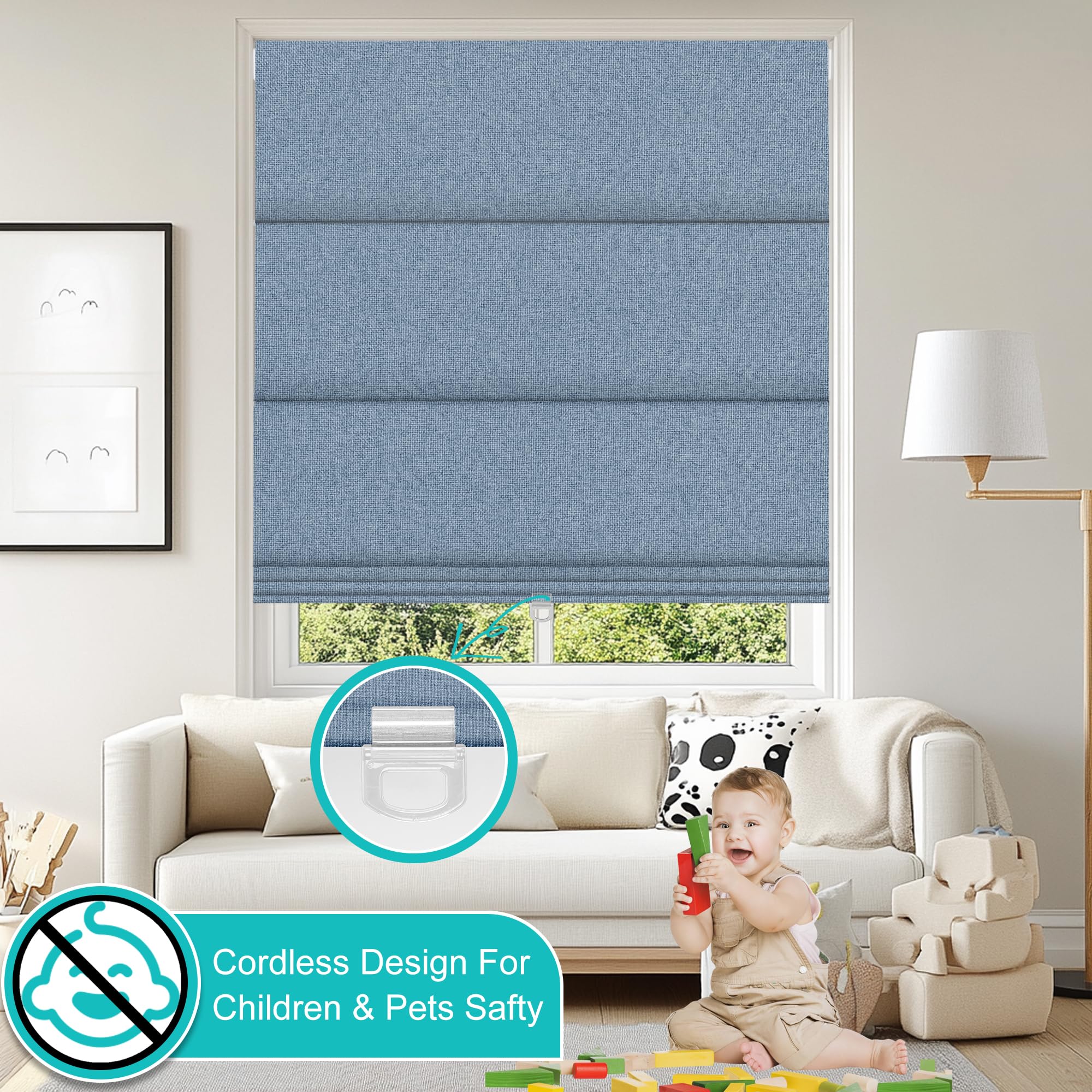 BERISSA No Drill Cordless Blackout Roman Shades - Easy Install Room Darkening Roll Up Window Blinds for Inside Mount | Custom Size Jacquard Blue Fabric | Perfect for Bedrooms, Nurseries & Home Theater Light Control