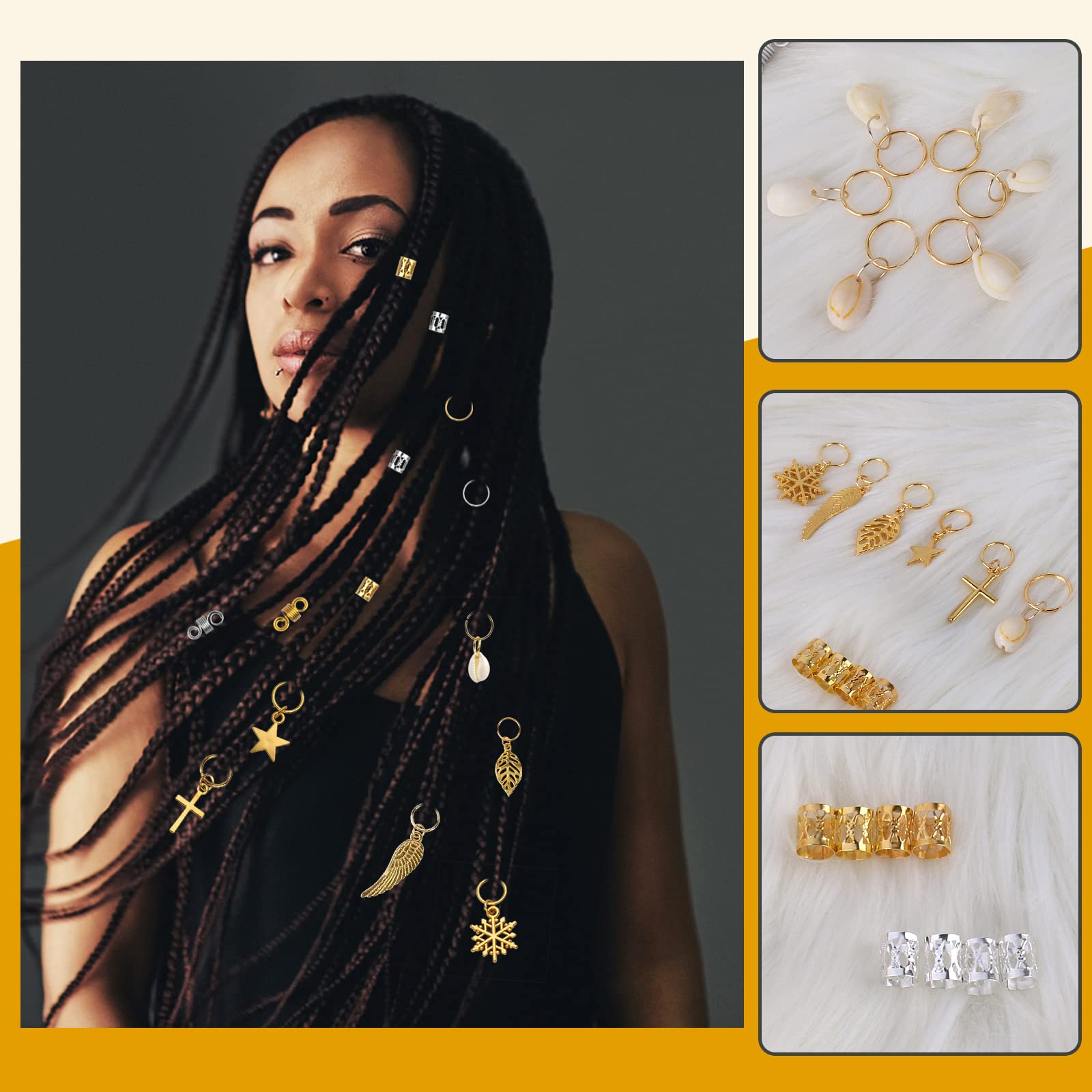 200PCS Hair Beads for Braiding - Gold & Silver Metal Hair Jewelry for Women & Girls - Dreadlock Accessories, Clips, Cuffs, Coils & Shells - Perfect for Braids, Locs, Beards & Hair Decorations (Great for Parties, Weddings & Everyday Styling)