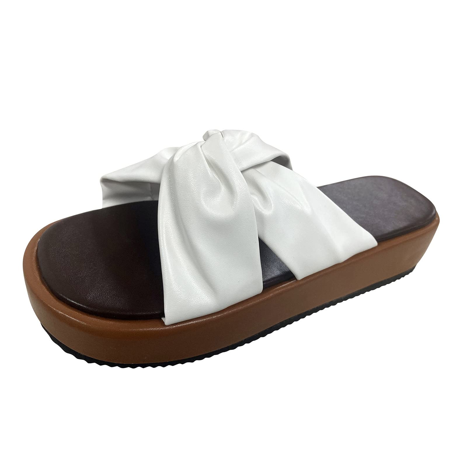 Women's Leather Bottom Sandals - Solid Color Thick Sole Bow Design Casual Fashion Slippers for Home, Bathroom & Indoor Use (White, Size 9.5-10) | Comfortable House Shoes for Women