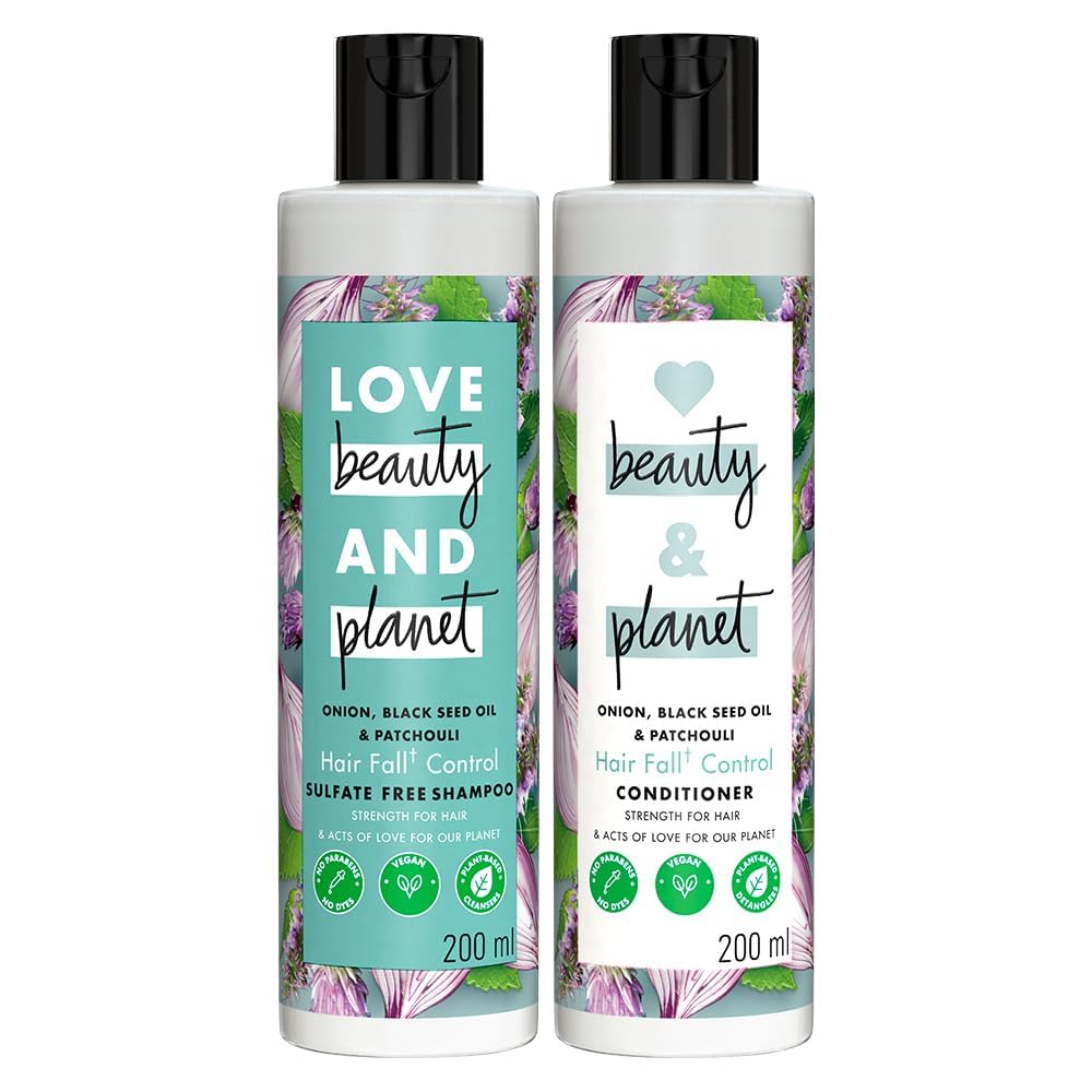 Loves Beauty & Planet Onion Black Seed & Patchouli Sulfate-Free Shampoo and Conditioner Set for Hair Fall Control - 200ml | Vegan Hair Care for Thinning Hair & Scalp Health | Daily Use for Stronger, Fuller Hair