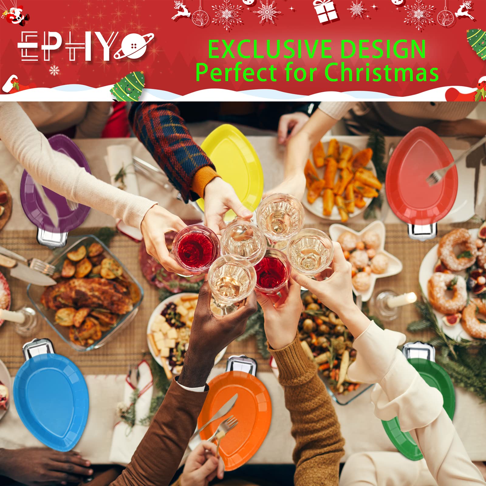 EPHYO 24-Pack Christmas Paper Plates - Colorful Disposable Oval Dinner Plates for Holiday Parties, Desserts, Salads & Appetizers | Perfect for Christmas Dinner, Cookie Exchange & Festive Gatherings