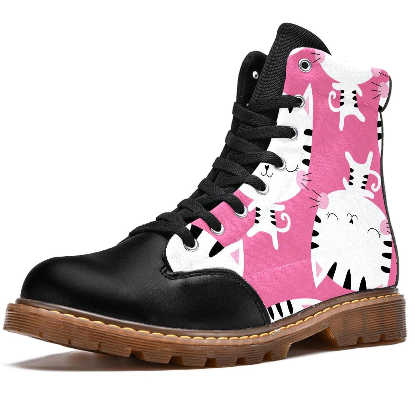 Women's High Top Lace Up Ankle Boots - White Cat Print Leather Winter Shoes Size 6.5 | Classic Fashion Booties for Casual Outfits & Streetwear