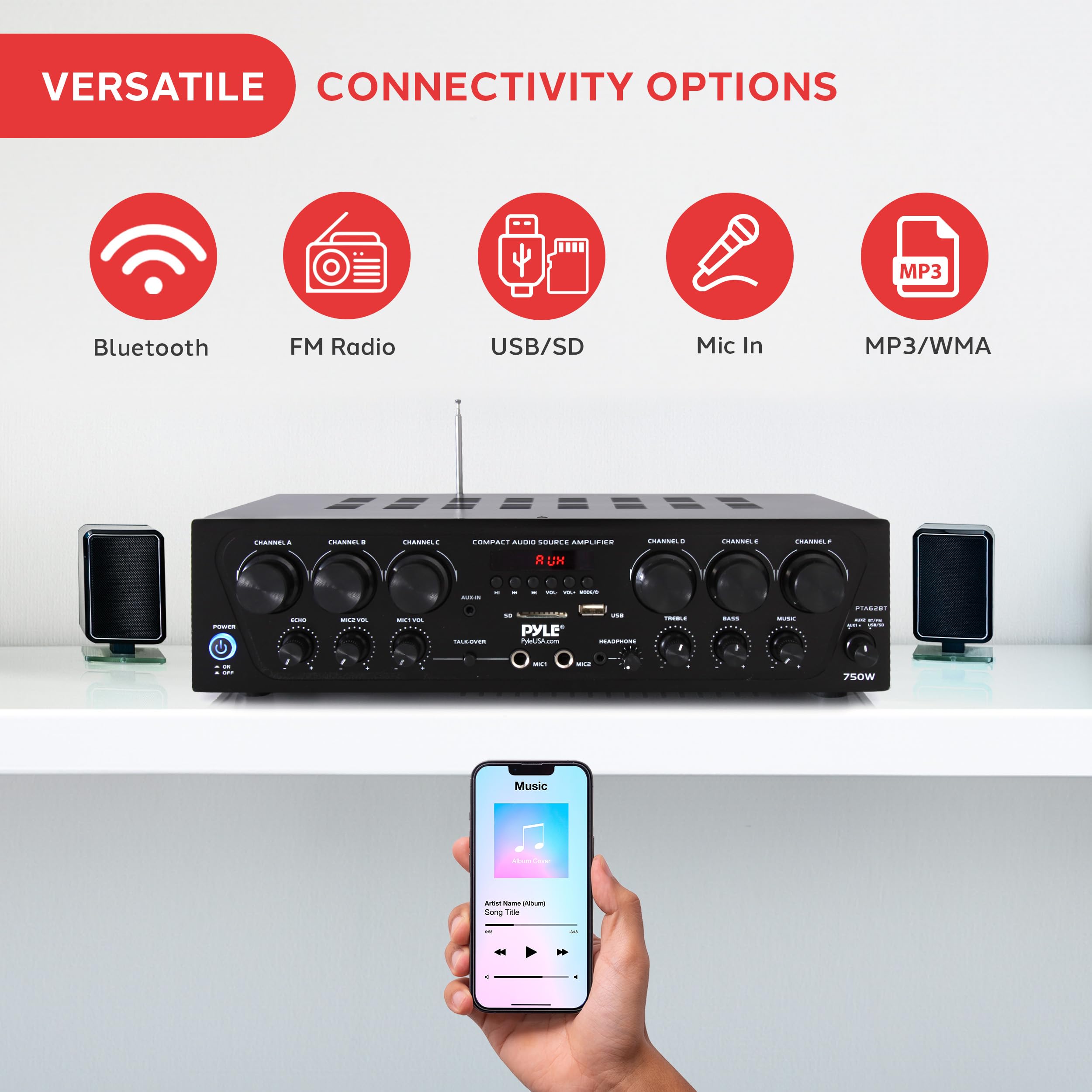 Pyle Wireless Bluetooth Home Audio Amplifier System - 6 Channel 750W Power Stereo Receiver with USB, Micro SD, Headphone Jack & Dual Mic Inputs with Echo, Talkover - Perfect for Home Theater, Karaoke Parties & PA Systems - PTA62BT.5