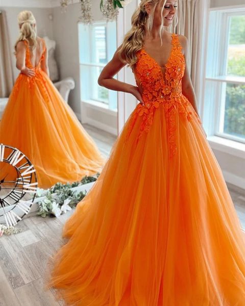 2025 Orange Lace Beaded Prom Dress - V Neck Tulle Sleeveless Evening Gown for UK Teens | Perfect for Homecoming, Prom Night & Formal Events