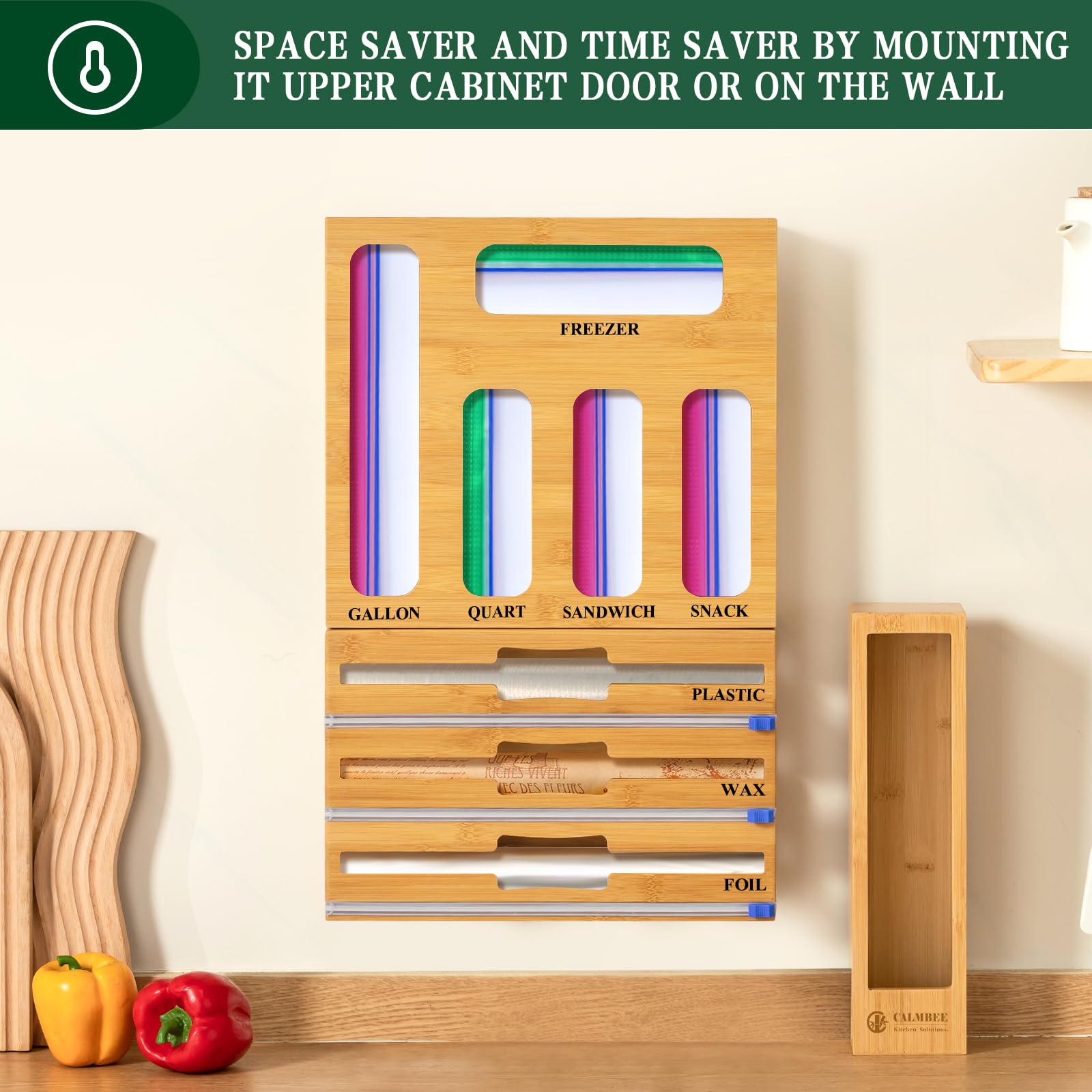 Calmbee 9-in-1 Kitchen Drawer Organizer - Bamboo Foil & Plastic Wrap Storage with Built-in Cutter - Fits Gallon, Quart & Sandwich Bags - Space Saving Solution for Pantry & Food Storage Organization