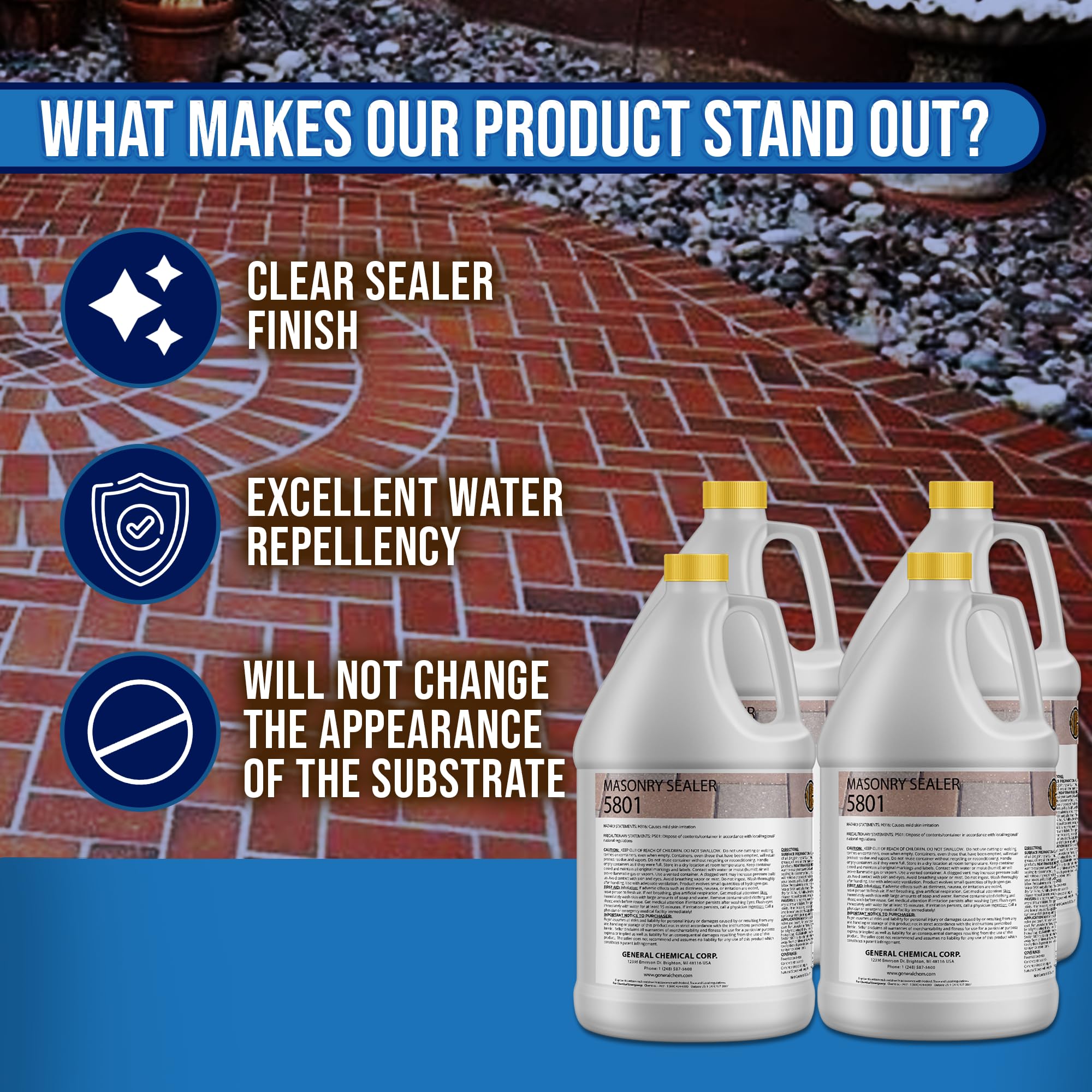 DeckGeneral Masonry Sealer 5801 - 4 Gallon Clear Silane Siloxane Concrete Sealant | Waterproof Protective Coating for Stone, Brick, Mortar, Driveways, Sidewalks & Patios | Ideal for Outdoor Surfaces, Weatherproofing & Long-Lasting Protection