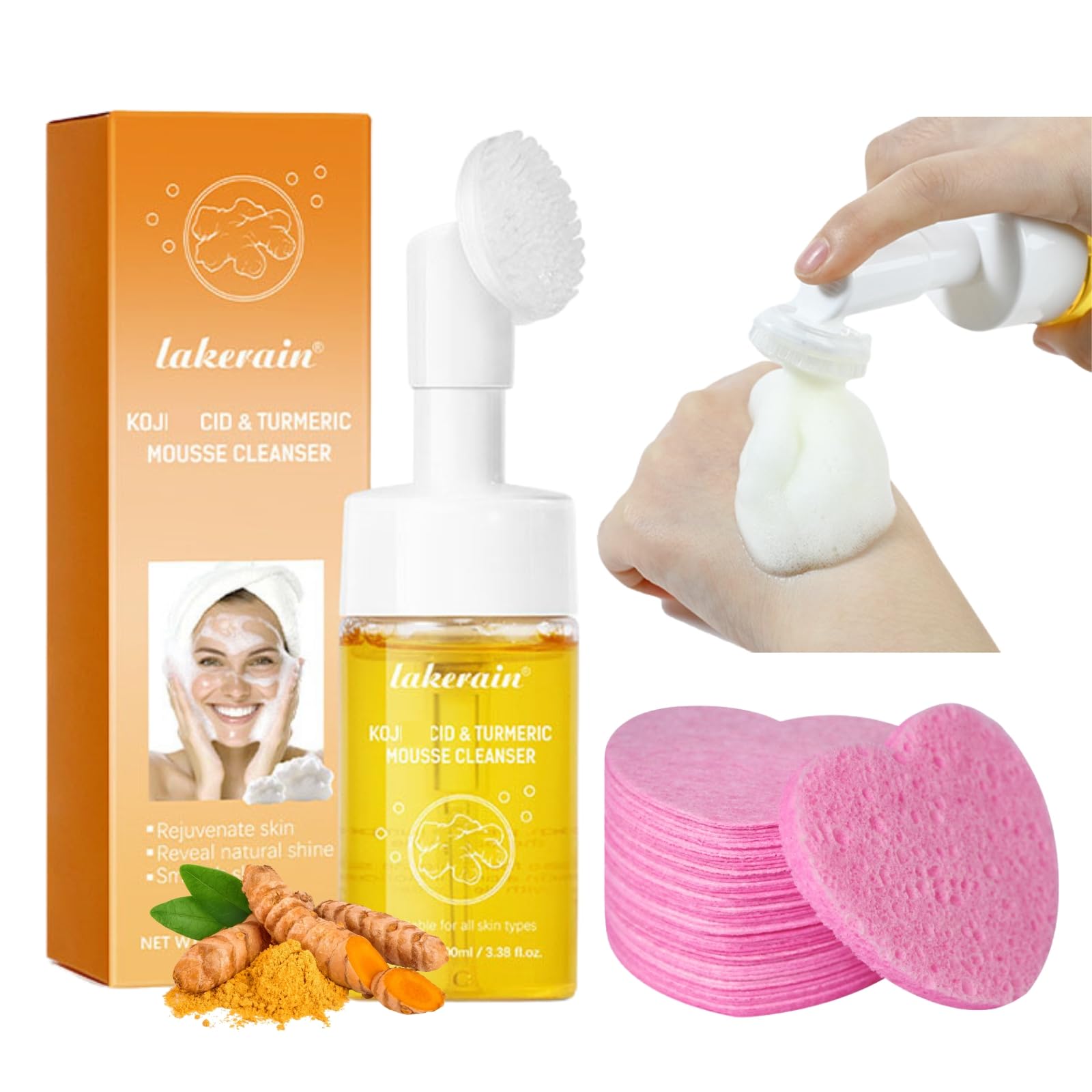 Turmeric Foaming Face Wash with Brush & 10 Facial Sponges - Kojic Acid Cleanser for Women & Men - Brightening Glow Facial Cleanser - Perfect for Daily Skincare Routine & Acne-Prone Skin