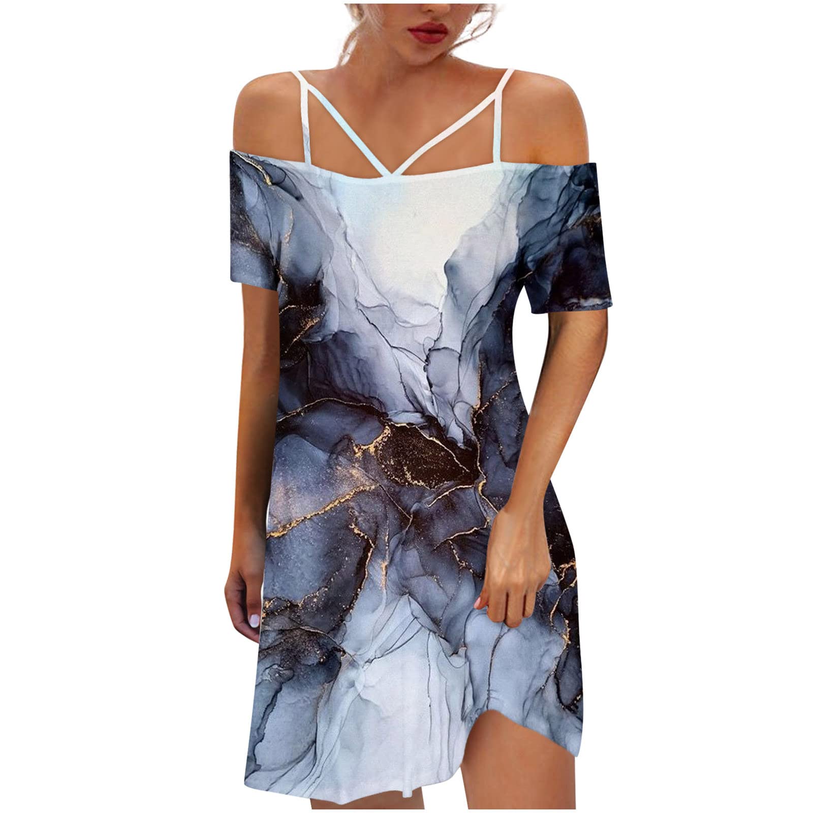 YSLMNOR Women's Cold Shoulder Summer Dress - Sexy Short Sleeve Casual Beach Sundress with Floral Print | Perfect for Vacation, Pool Party & Date Night