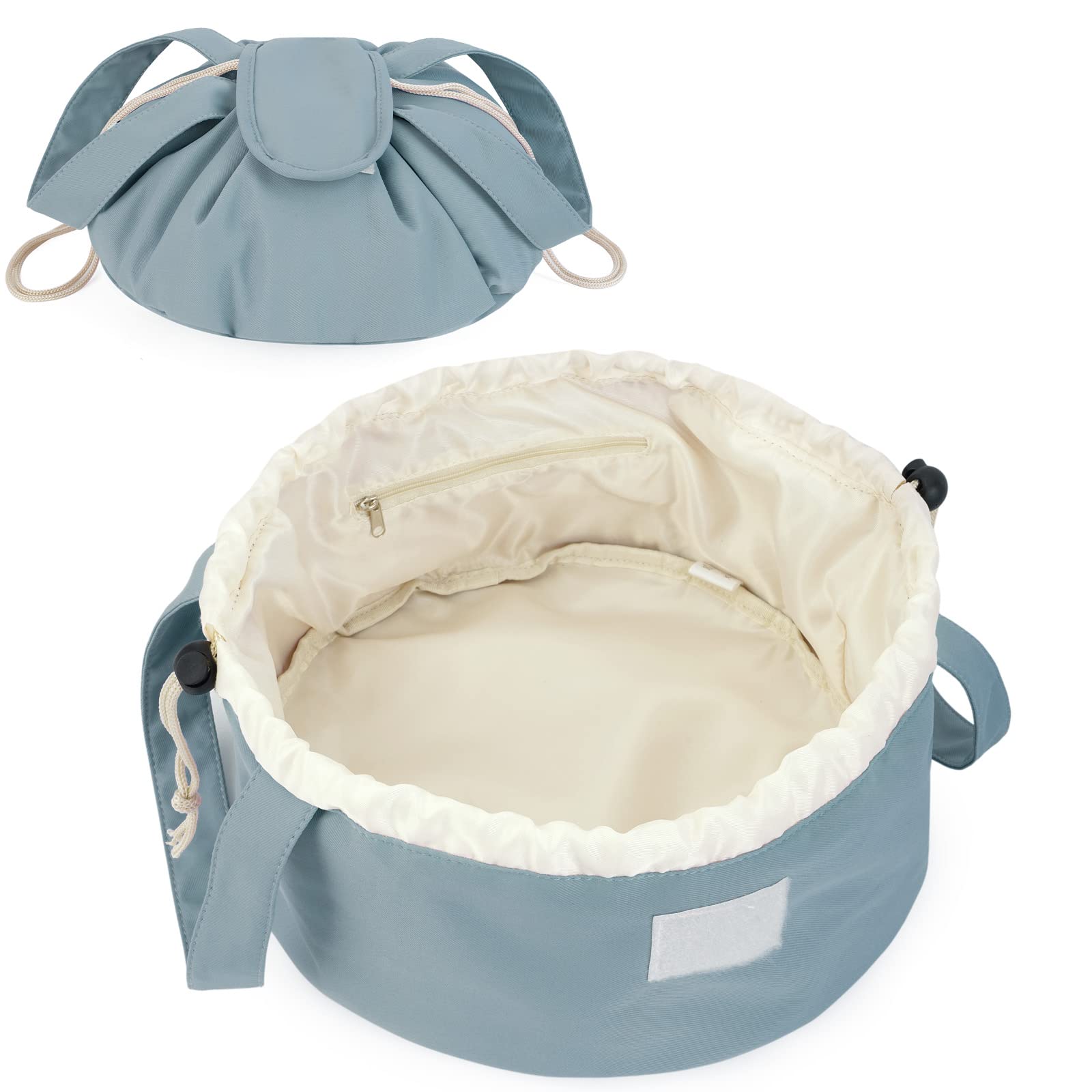 Narwey Large Floral Drawstring Makeup Bag - Waterproof Cosmetic & Toiletry Travel Organizer for Women & Teen Girls - Perfect for Travel, Gym, Beach & Daily Use (Greyish Blue, Patent)