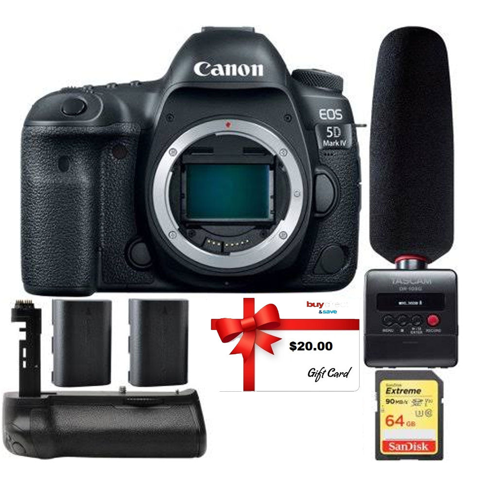 Canon EOS 5D Mark IV DSLR Camera with Tascam DR 10SG Audio Recorder & Microphone Kit - Professional Photography & Videography Bundle for Wedding, Vlogging, and Studio Production