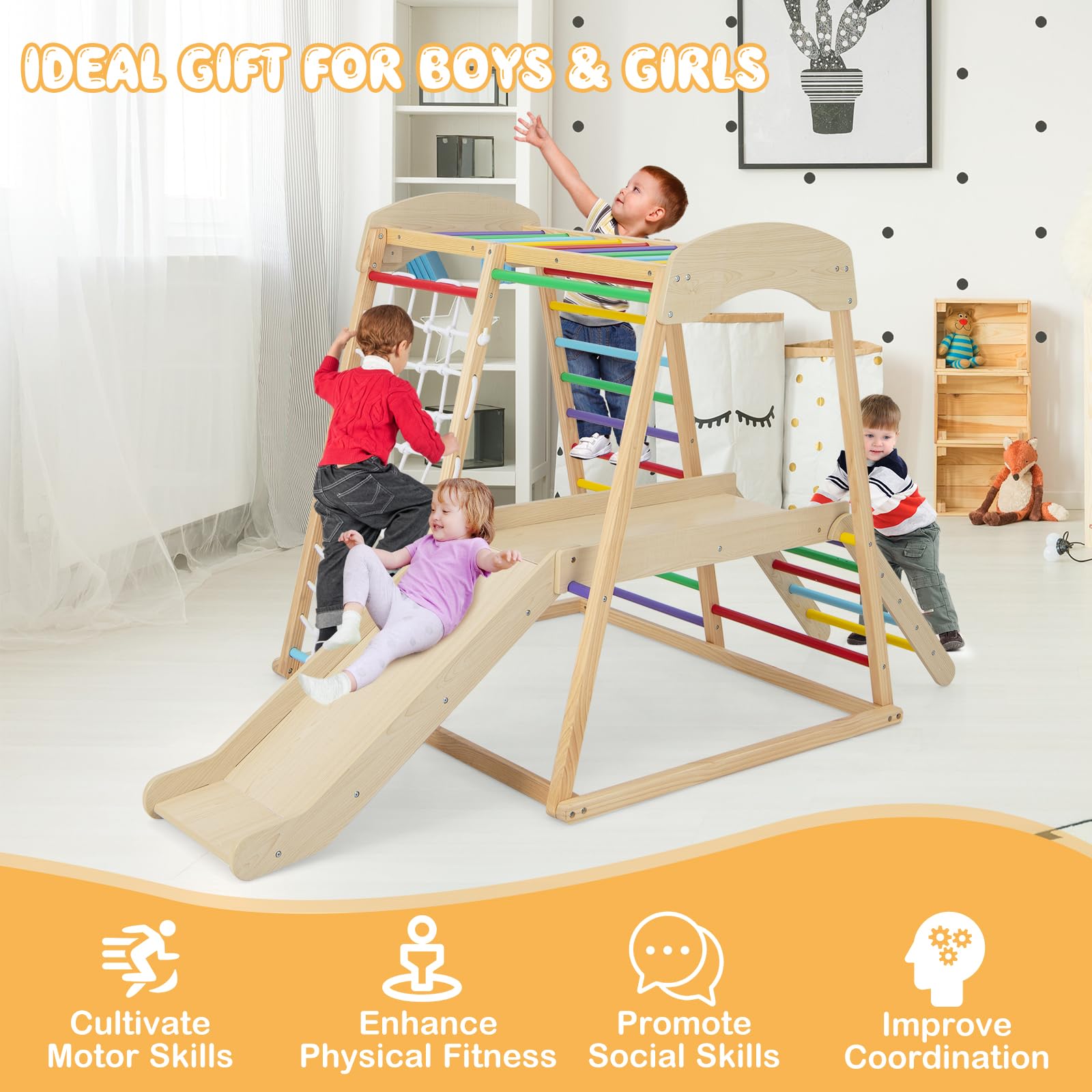 Costzon 6-in-1 Indoor Jungle Gym for Toddlers - Montessori Climbing Toys with Slide, Climbing Net & Monkey Bars - Wooden Playground Climber Playset for Kids - Perfect Gift for Birthday & Christmas - Ideal for Home Playroom, Daycare & Preschool Activities