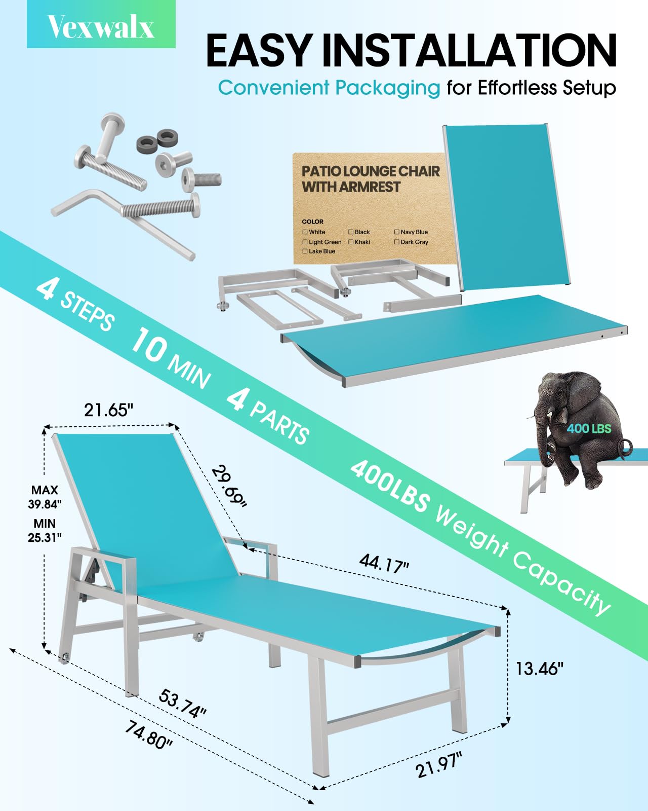 Premium Aluminum Patio Chaise Lounge Chair Set of 2 - 5-Position Adjustable Recliner with Wheels & Armrests - Outdoor Poolside, Beach, Deck & Yard Furniture - Perfect for Sunbathing, Relaxing by the Pool or Lakeside in Lake Blue