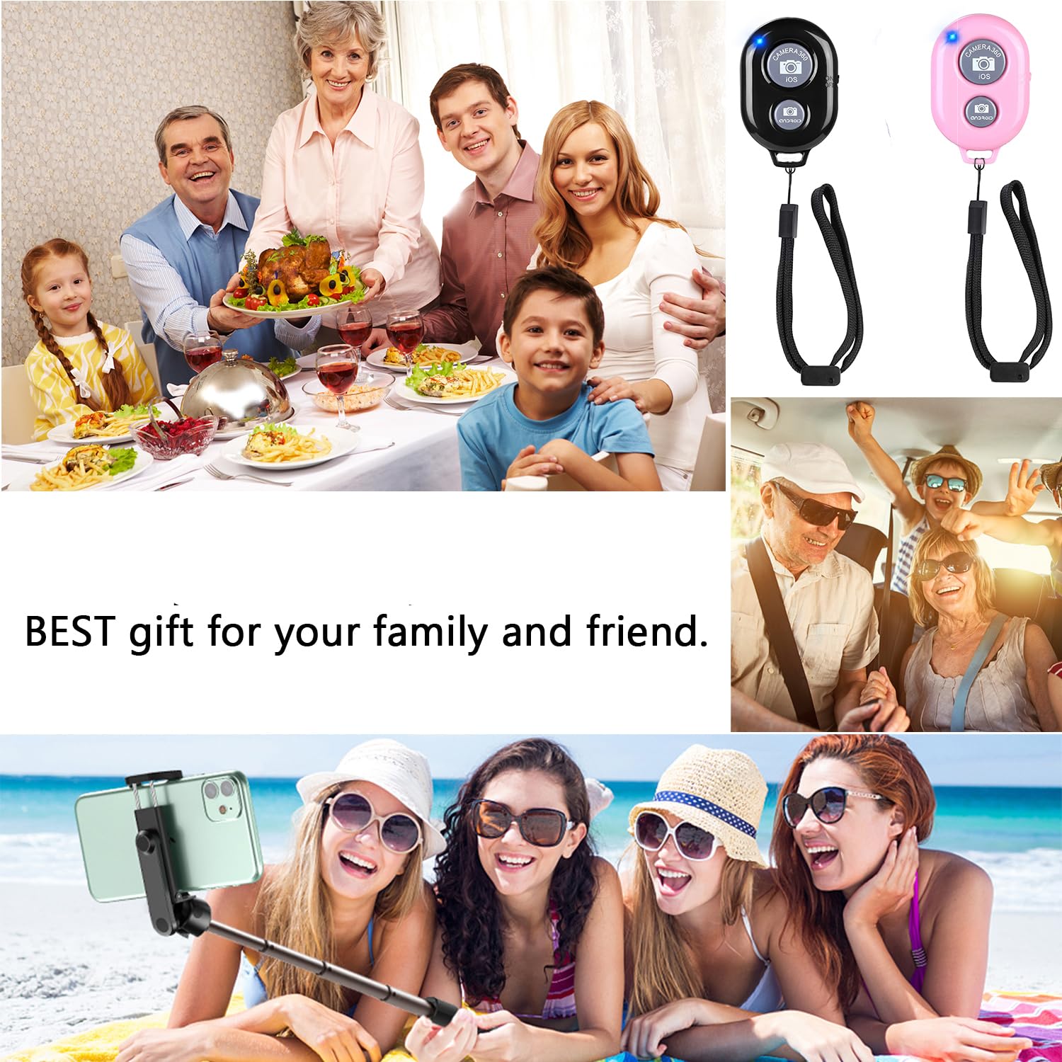 AOQIYUE Wireless Camera Remote Shutter for iPhone & Android Smartphones - Bluetooth Selfie Remote Control with Wrist Strap (Black/Pink) - Perfect for Group Photos, Vlogging, and Hands-Free Photography