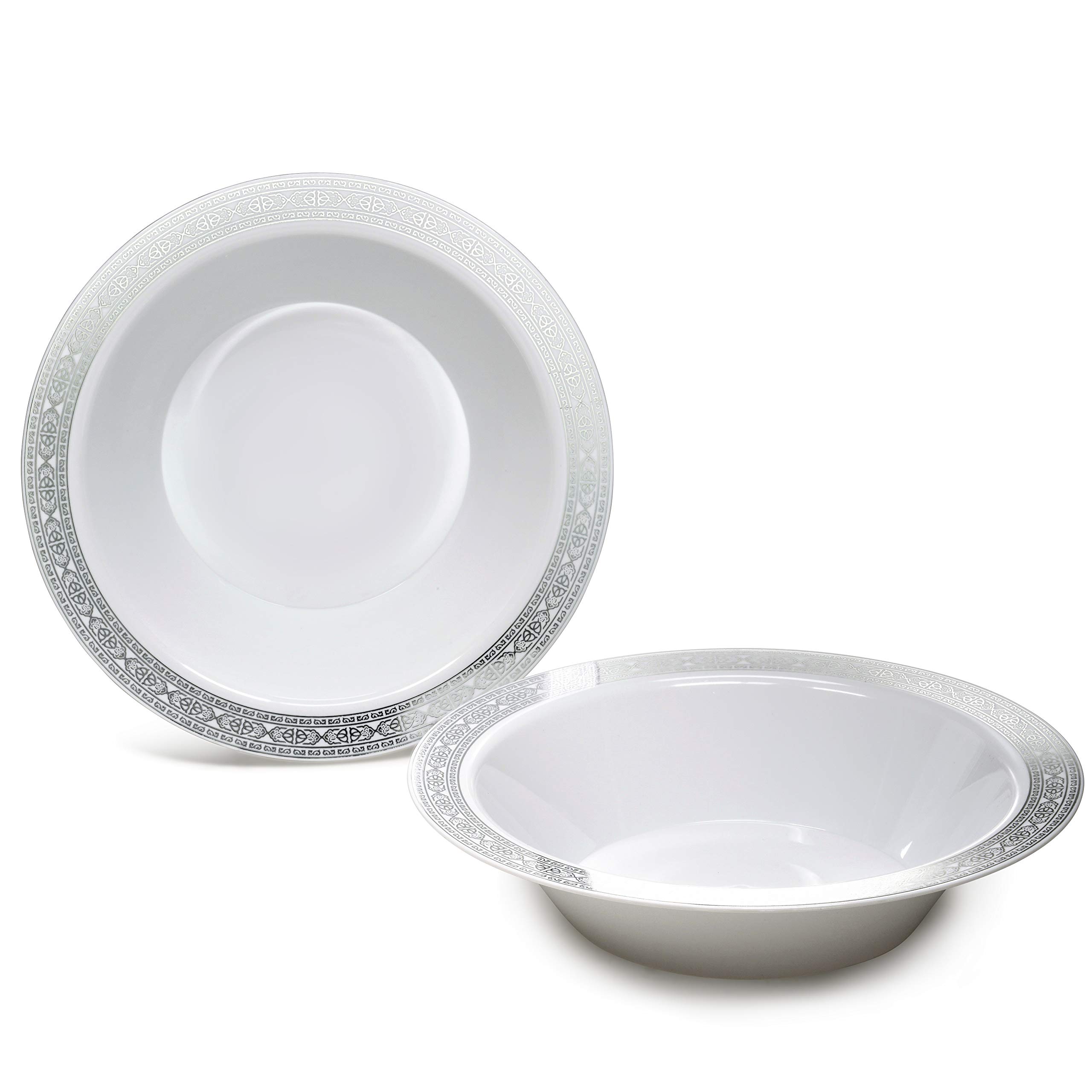 60-Piece Heavyweight Disposable Plastic Plates & Bowls Set - 14oz Soup Bowls for Weddings, Parties & Events (Elegant White & Silver Design) - Perfect for Catering, Banquets & Special Occasions