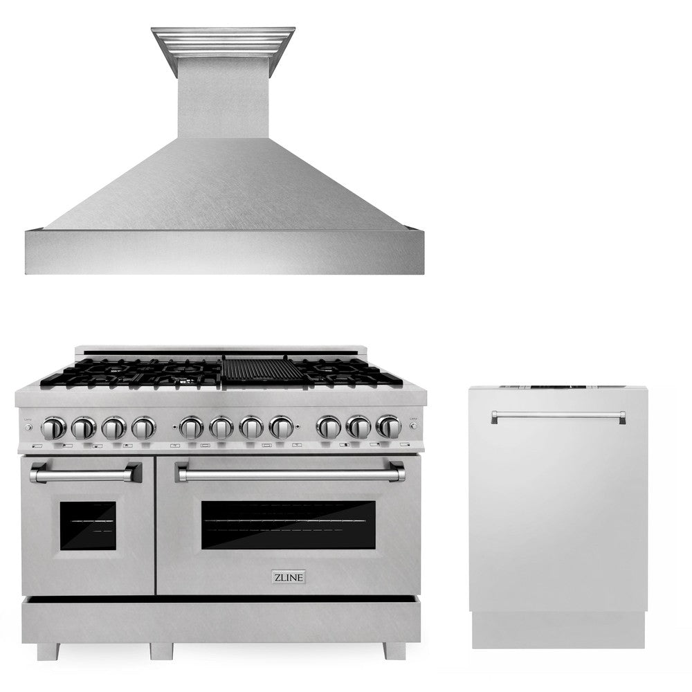 ZLINE 48-inch Professional Kitchen Package - Stainless Steel Dual Fuel Range, Ducted Range Hood & Dishwasher Set for Modern Home Cooking & Entertaining