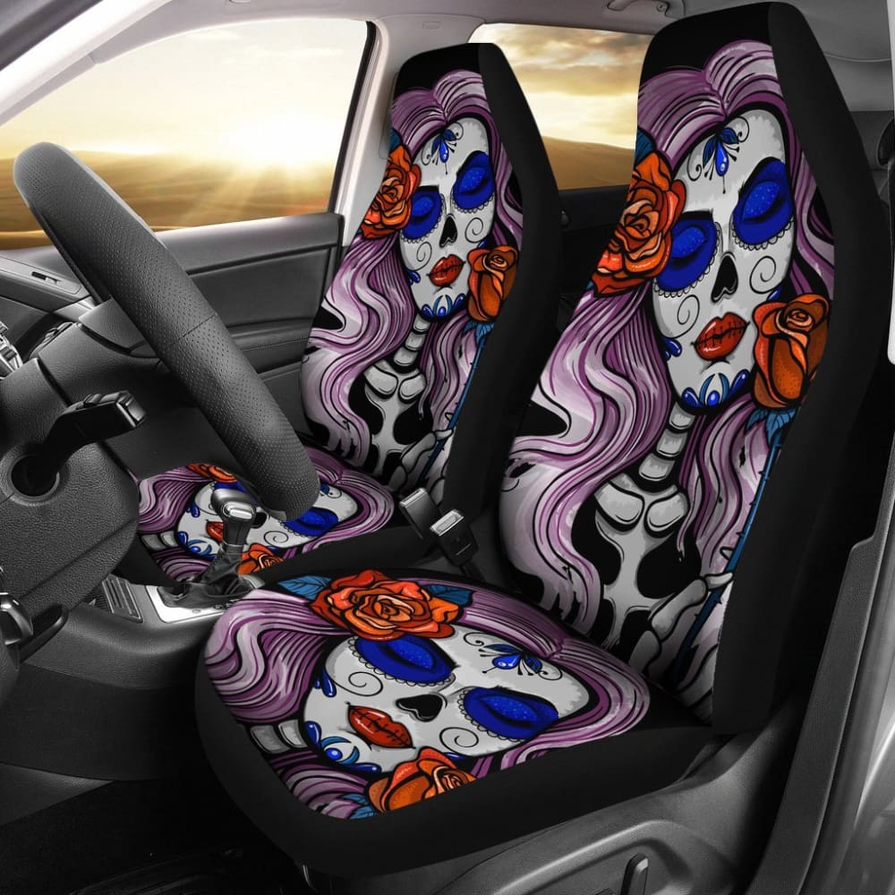2 Pcs Sugar Skull Car Seat Covers for Women - Gothic Floral Design, Universal Fit for Most Vehicles - Perfect for Day of the Dead Decor & Biker Accessories