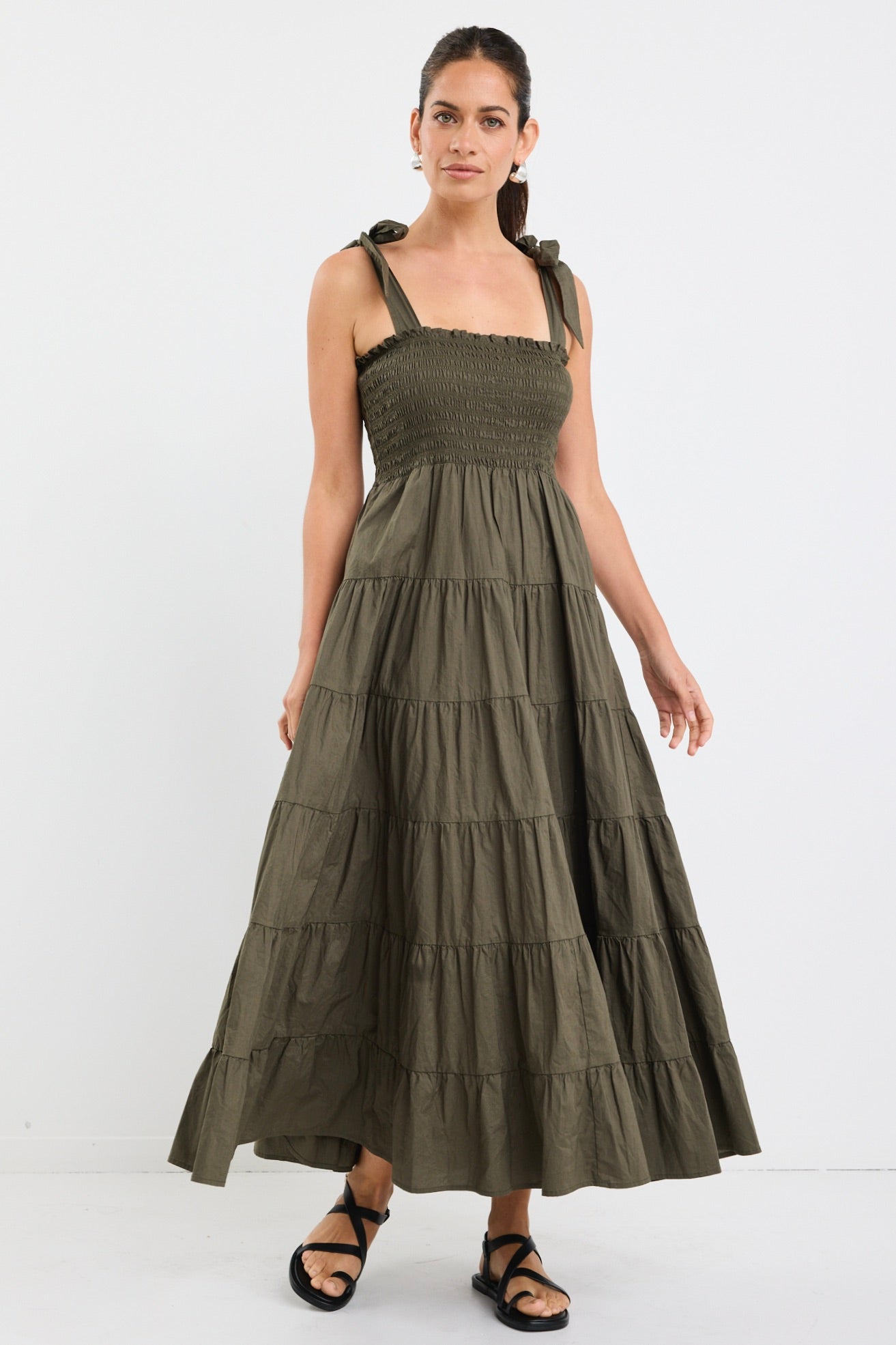 Isabella Khaki Cotton Poplin Strappy Tiered Maxi Dress for Women - Summer Boho Beach Dress for Vacation, Wedding & Outdoor Events