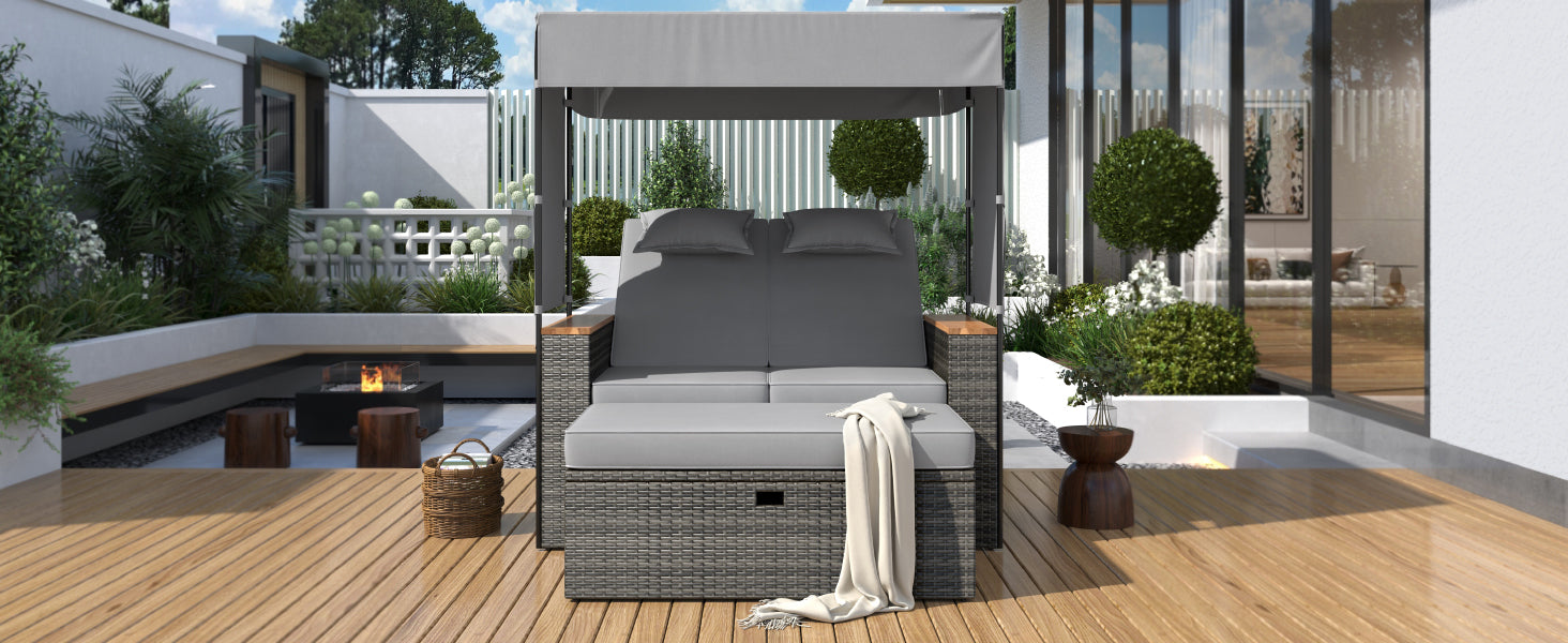 2-Piece Outdoor Rattan Daybed with 5 Adjustable Positions - Patio Loveseat Sofa Set for Poolside, Garden, or Backyard Relaxation