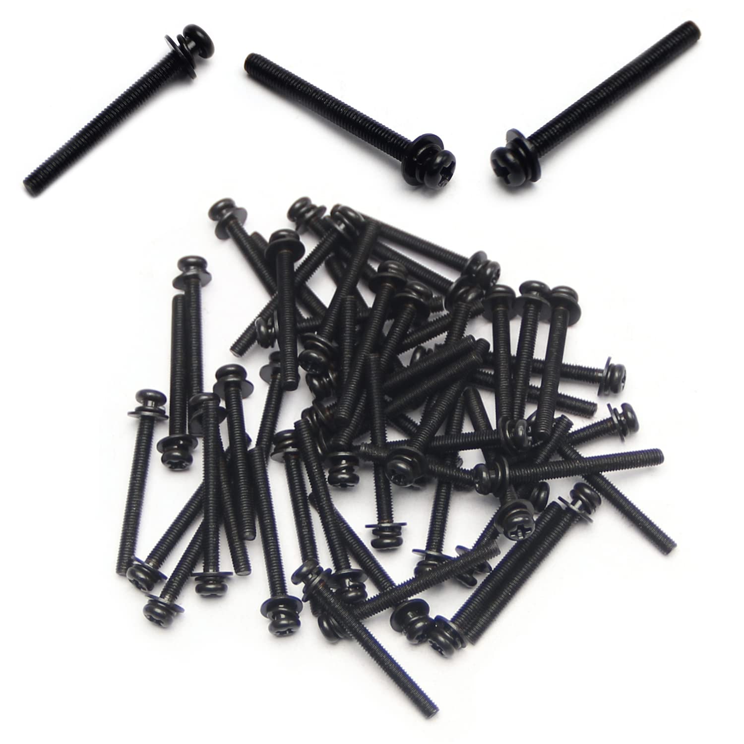 50pcs M3 x 30mm Black Carbon Steel Phillips Pan Head Screws with Washers - for Machinery & DIY Projects