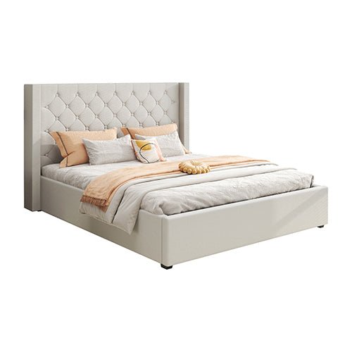 Luxury Veronica Double Size Bed Frame with Grey Linen Fabric - Sturdy Platform Bed for Master Bedroom, Guest Room & Dormitory