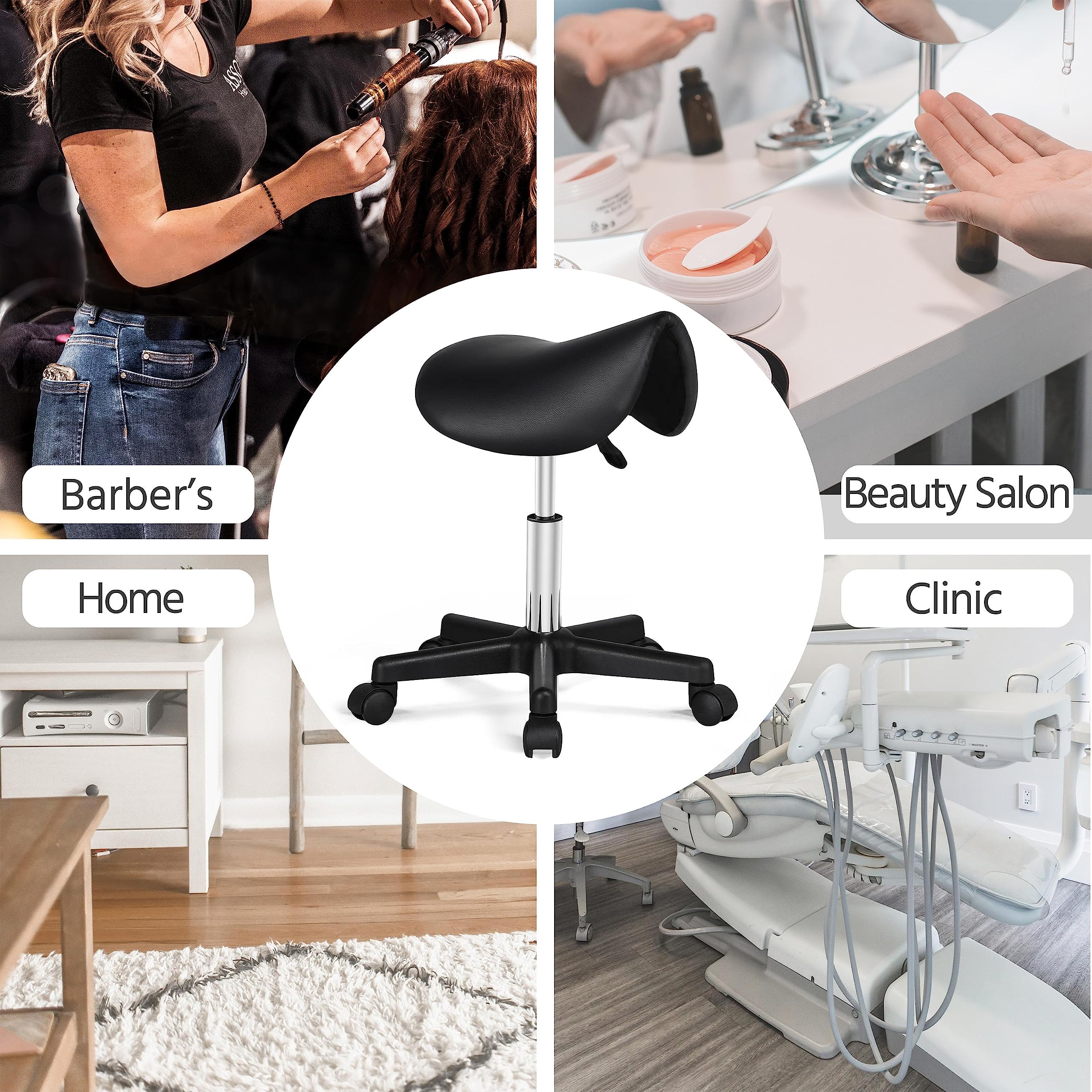 Yaheetech Adjustable Rolling Saddle Stool with Wheels - Swivel PU Leather Stool Chair for Hair Salon, Tattoo, Massage & Lash Technician - Ergonomic Stylist Chair for Beauty Professionals & Home Office Use (Black)
