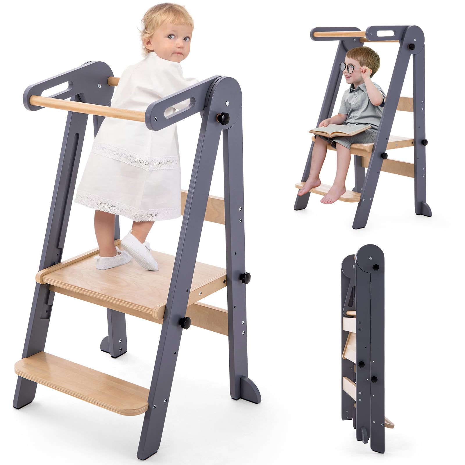 Foldable Toddler Tower - Adjustable Kitchen Step Stool for Kids 1.5-6 Years | 3 Height Settings with Non-Slip Safety Strips | Montessori Learning Tower for Cooking, Baking & Washing Hands at Sink (Gray) - Perfect for Kitchen Counter Access & Independent Play