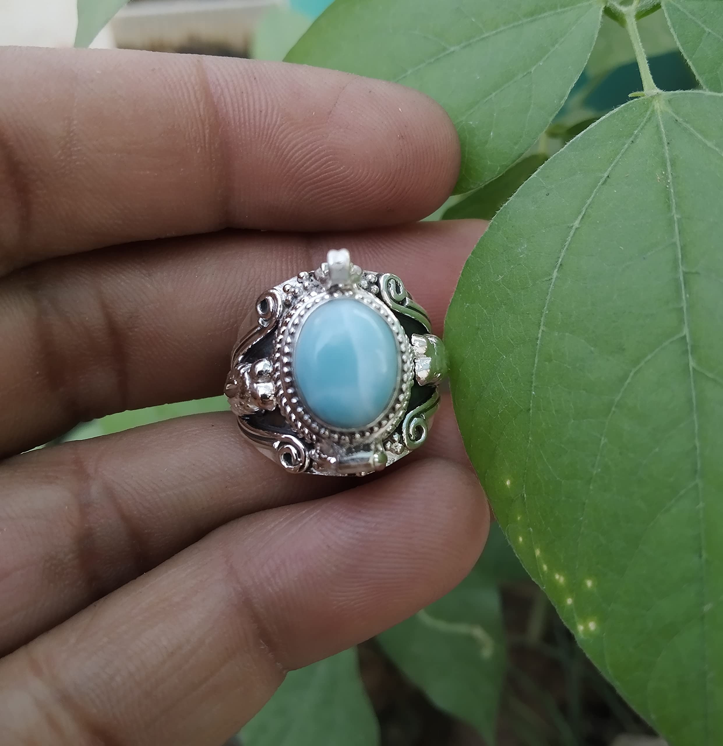 Boho Poison Ring - 925 Sterling Silver Handmade Vintage Style Statement Ring with Dominican Republic Larimar | Poison Locket & Pillbox Ring for Women | Perfect for Gothic Fashion, Witchy Aesthetic & Boho Jewelry Collection