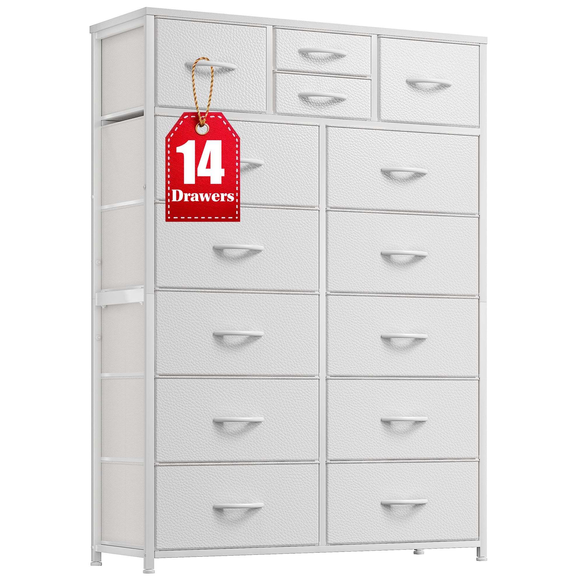 EnHomee 14-Drawer White Dresser for Bedroom - Tall Wooden Top & Metal Frame Fabric Storage Chest | Perfect for Bedroom, Closet & Living Room Organization