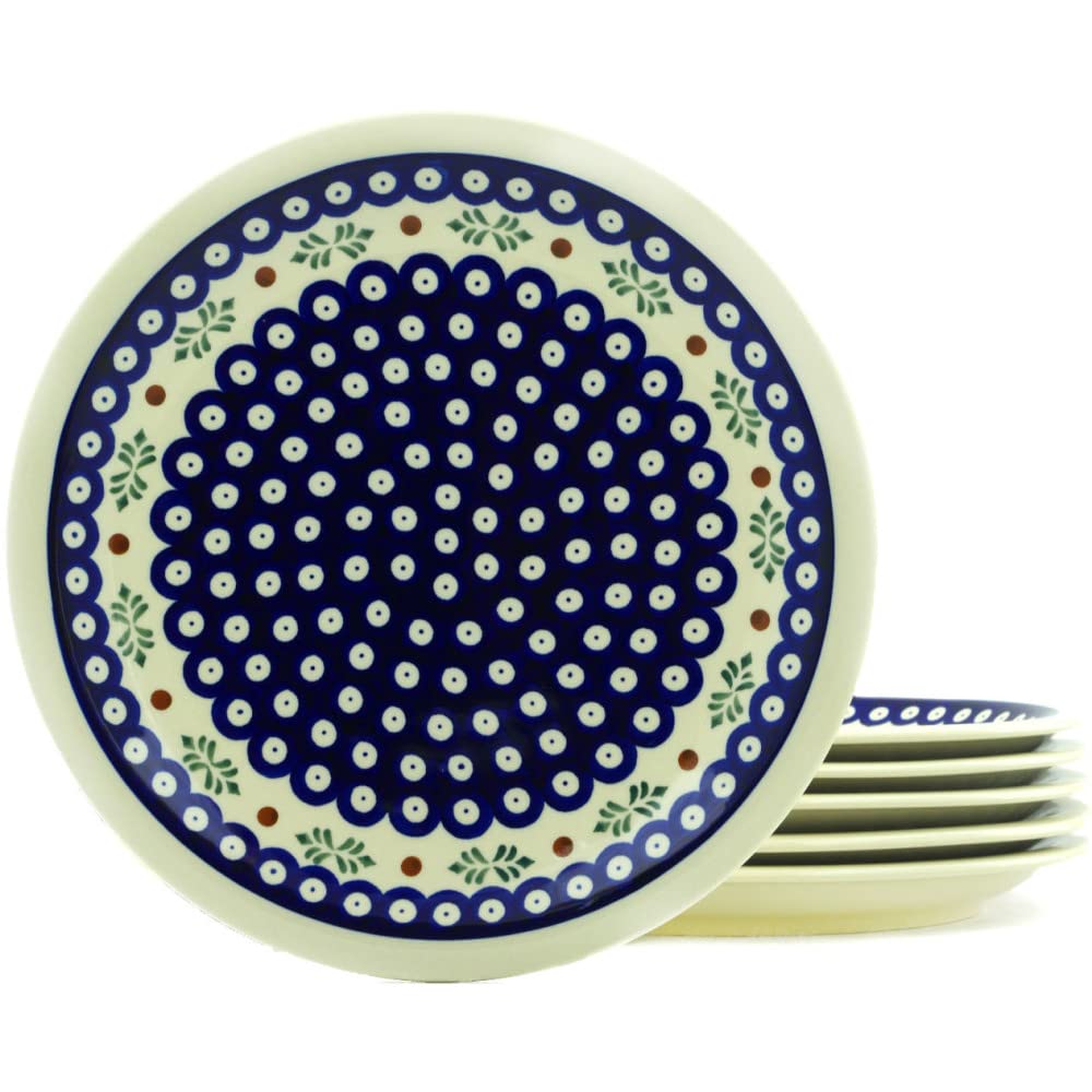 Authentic Polish Pottery Plates Set of 6 - Handmade Peacock Hollies Design with Certificate | Elegant Dinnerware for Holiday Entertaining & Home Decor