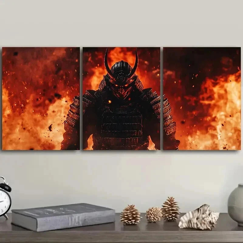 Crimson Warrior with Black Horns Wall Art Set - 3pcs Framed Canvas 50x70cm, High Quality Print | 100% Australian Made | Ready to Hang | Perfect for Living Room, Bedroom, or Office Decor