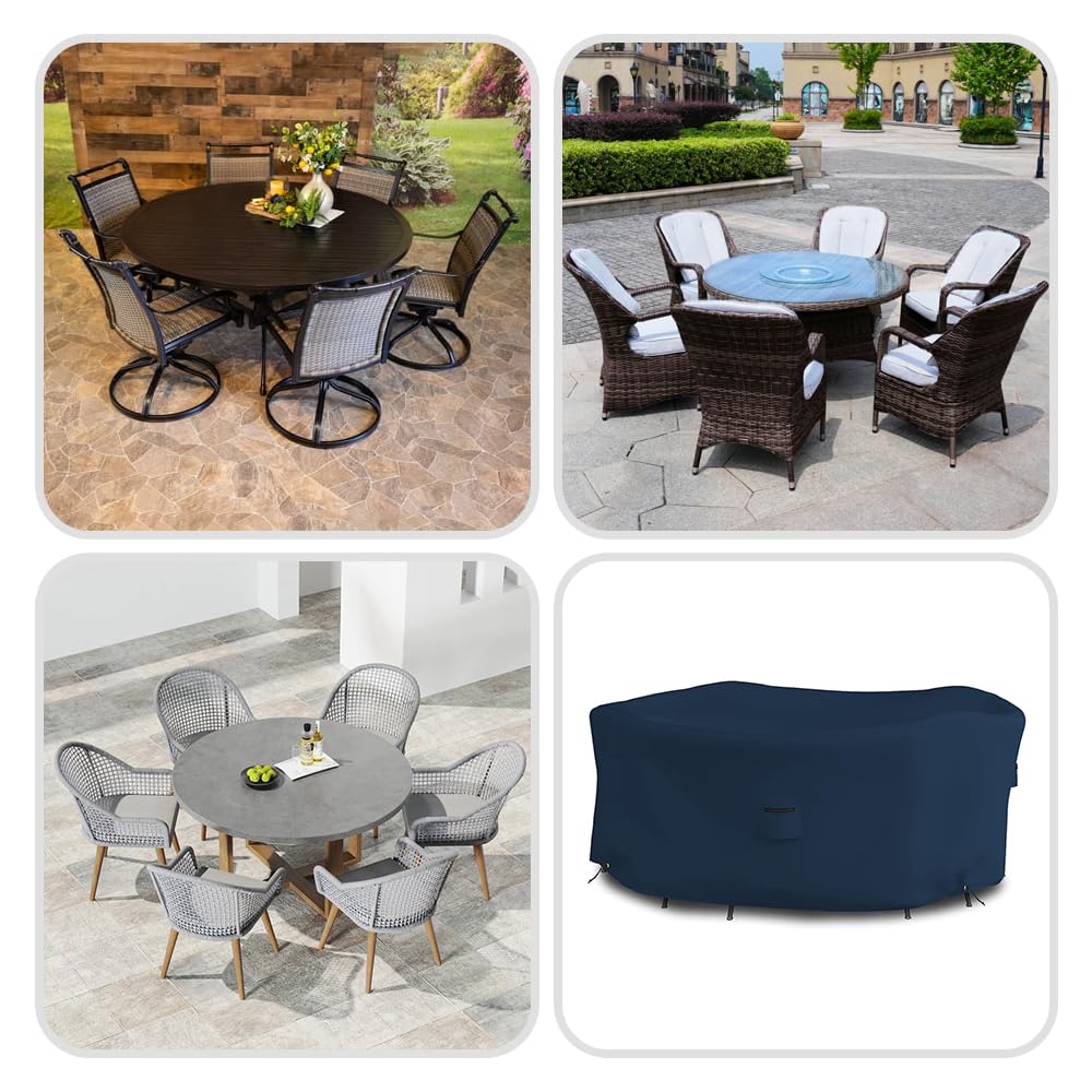 Waterproof UV & Weather Resistant Round Dining Table Cover - 12 Oz Heavy Duty Indoor Outdoor Patio Furniture Protector with Air Vents & Drawstrings (109