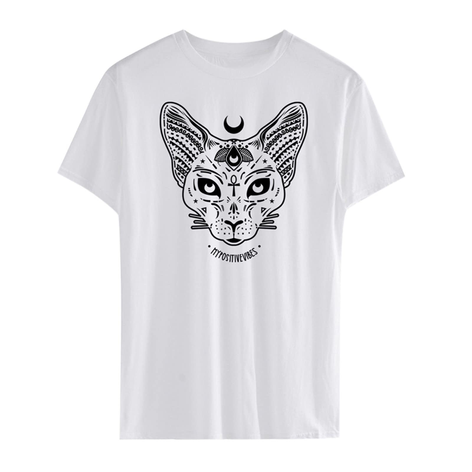 Women's Casual Short Sleeve Moon Cat Print Gothic Tunic Top - Punk Style V-Neck Loose Fit Blouse for Fall (White) | Perfect for Halloween, Concerts & Alternative Fashion Outfits
