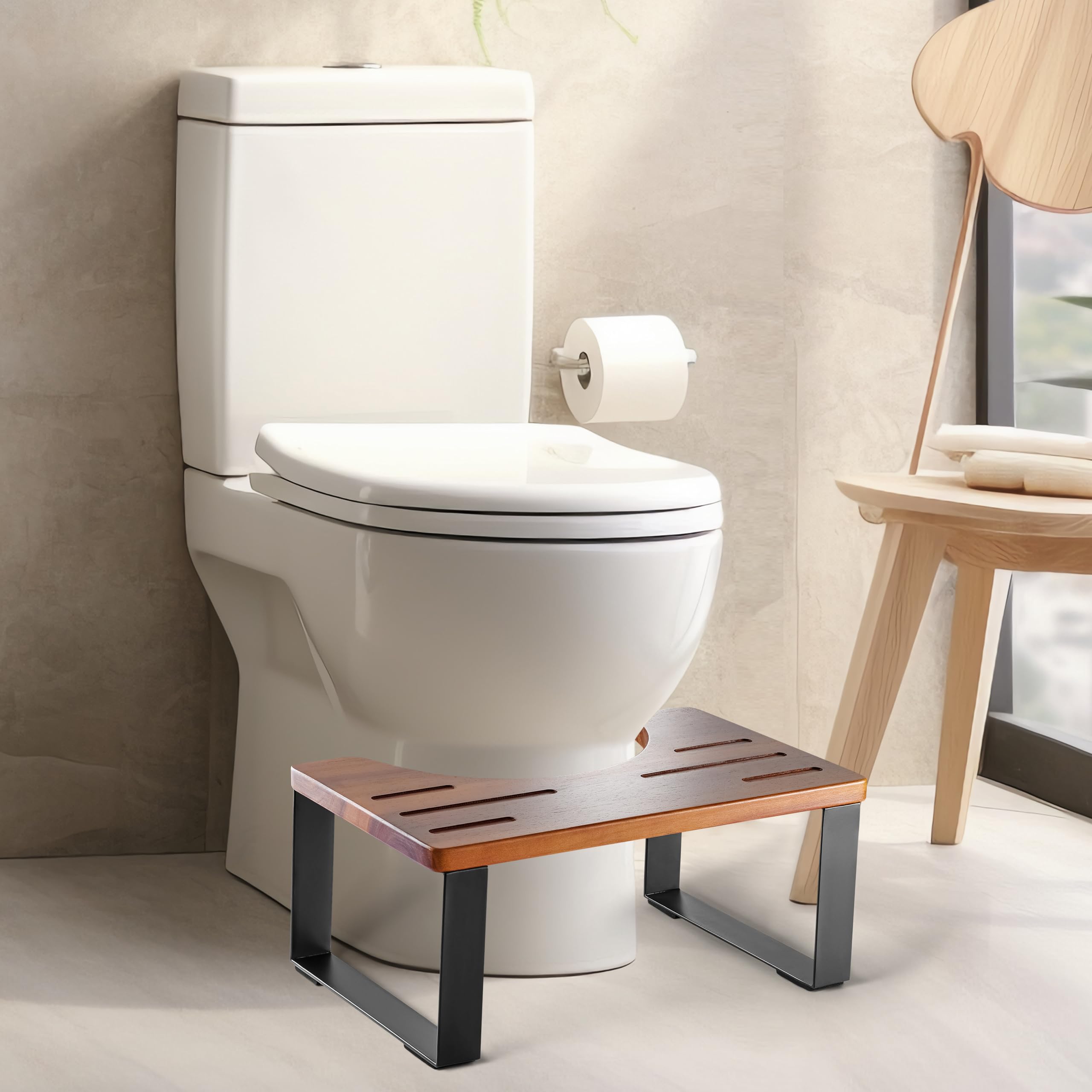 BLUEWEST 7 Inch Acacia Wood Toilet Stool with Steel Frame - Non-Slip Bathroom Step Stool for Adults & Kids, Potty Training Aid, Durable Squatting Support for Better Digestion & Comfort - Ideal for Home, RV & Travel Use