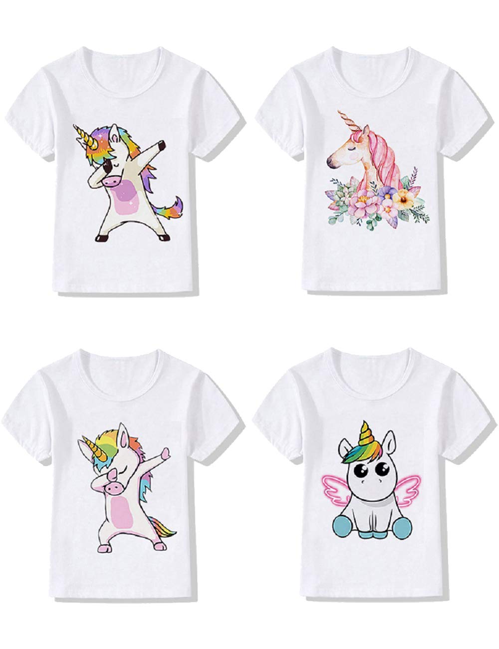 4-Pack Unicorn Graphic Girls Fitted T-Shirts for Summer - Cute Party Outfits for Toddler & Kids - Soft Cotton Tees for Birthday, Playdate & Outdoor Activities