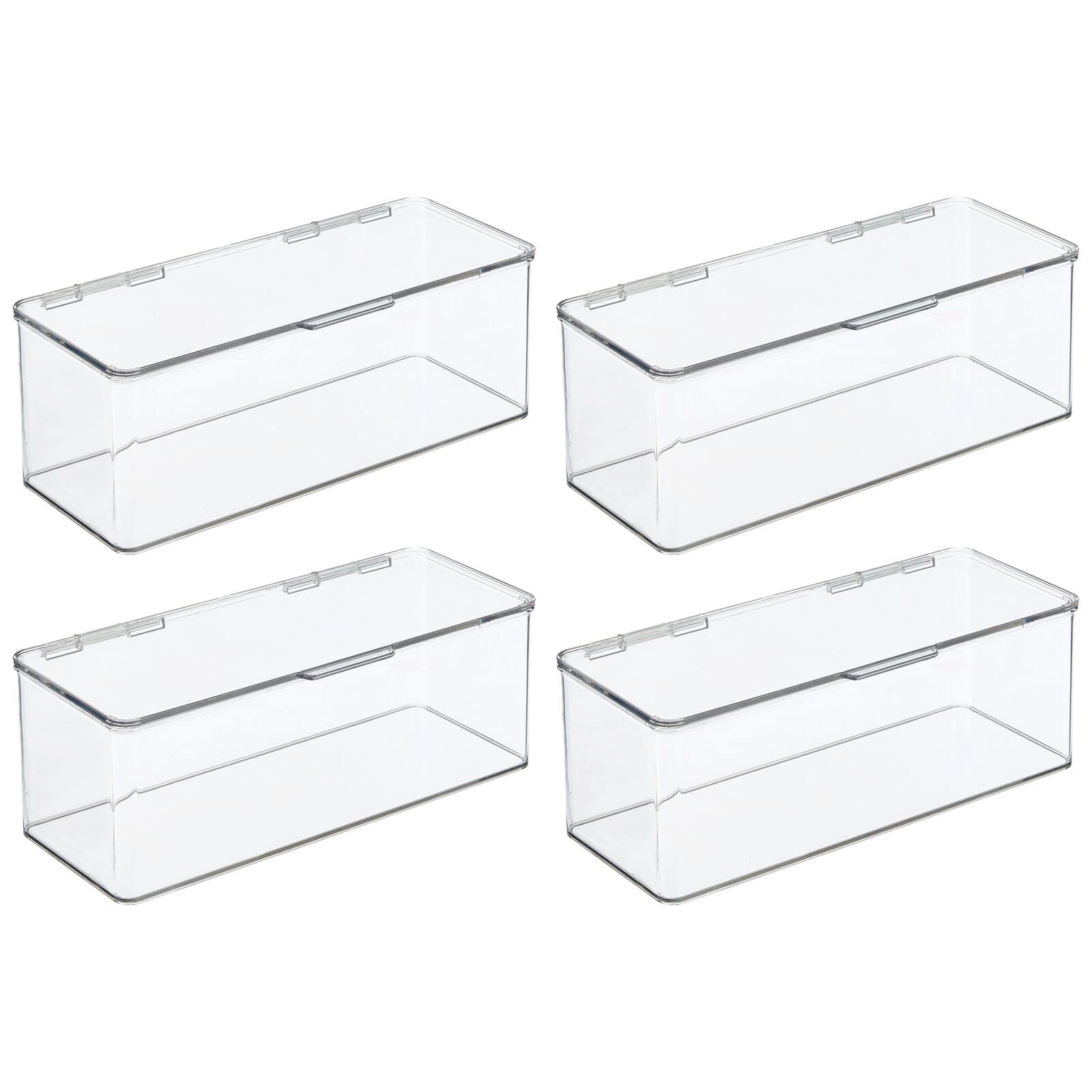 mDesign 4-Pack Clear Plastic Bathroom Storage Organizer Box with Hinged Lid - Vanity Drawer & Countertop Organizer for Lotions, Shampoo, Conditioner, Soap, Cotton Swabs, Face Towels & Accessories | Perfect for Bathroom Counter Organization, Makeup Storage & Small Item Decluttering