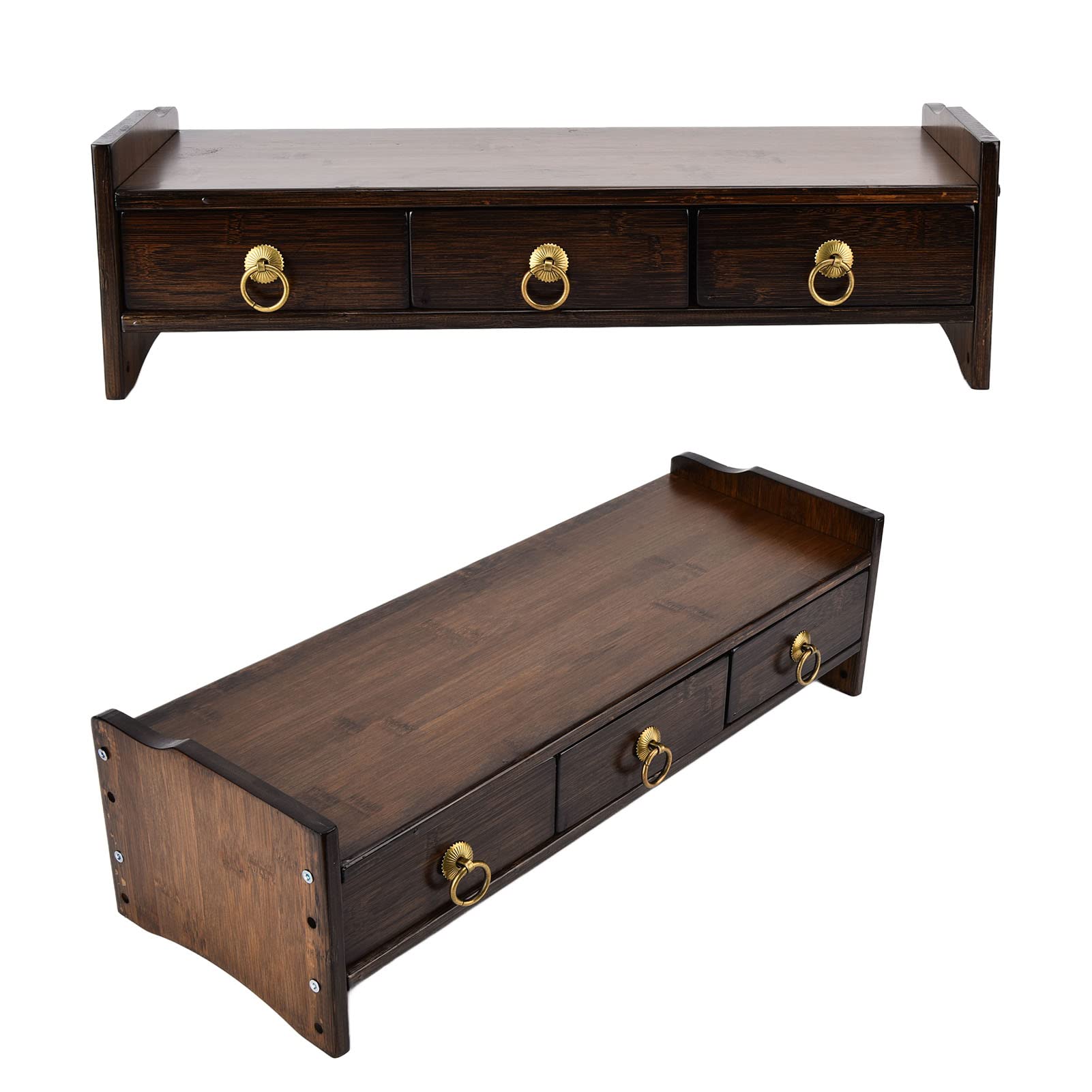 Garosa Wood Monitor Stand Riser with 3 Drawers - Desk Organizer & Computer Monitor Height Adjustable Bracket for Home Office, Study, Gaming Setup - Walnut Finish with Backing (Ergonomic Workspace Solution)